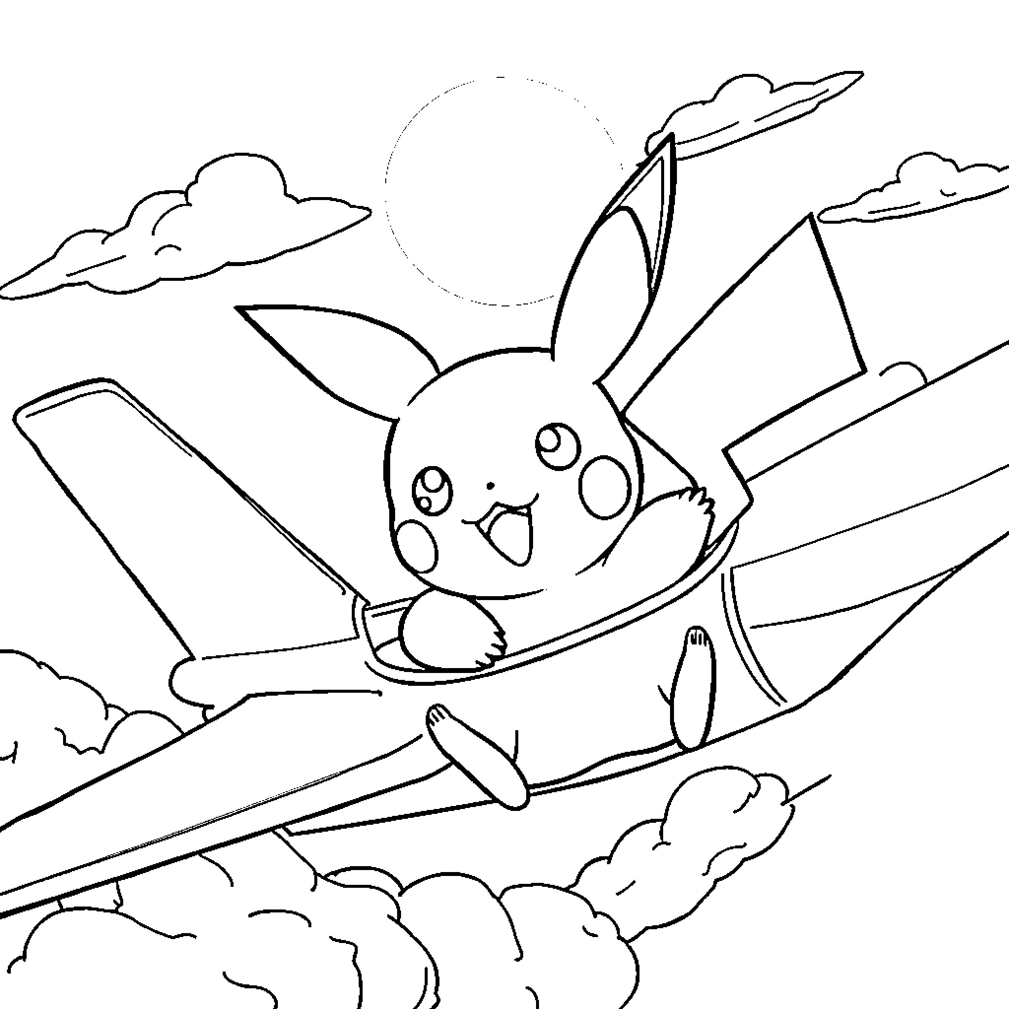 Pikachu flying joyfully through the clouds Coloring Page (free black-and-white line drawing printable PDF for all, from beginners to advanced learners, including children, teens, adults, and seniors)