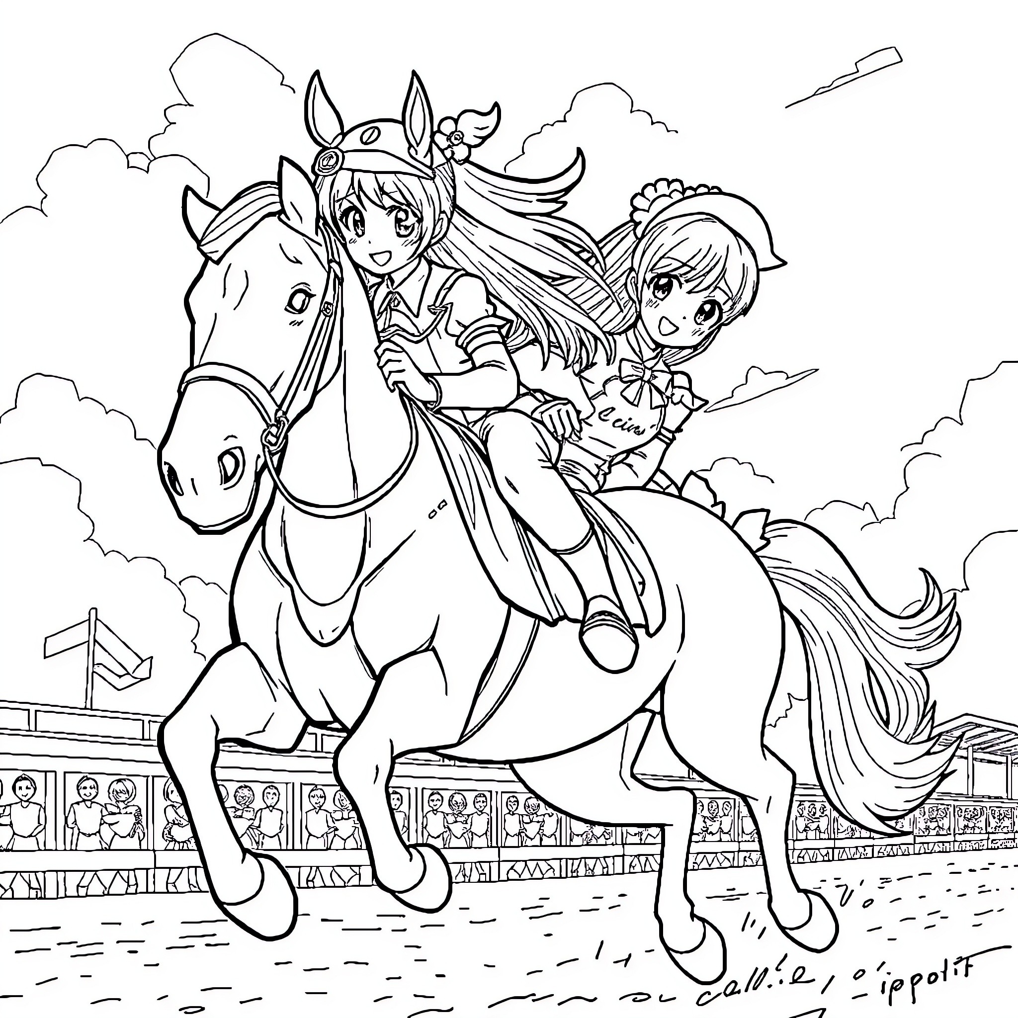 Umamusume Riders Compete on the Racetrack Coloring Page (free black-and-white line drawing printable PDF for all, from beginners to advanced learners, including children, teens, adults, and seniors)