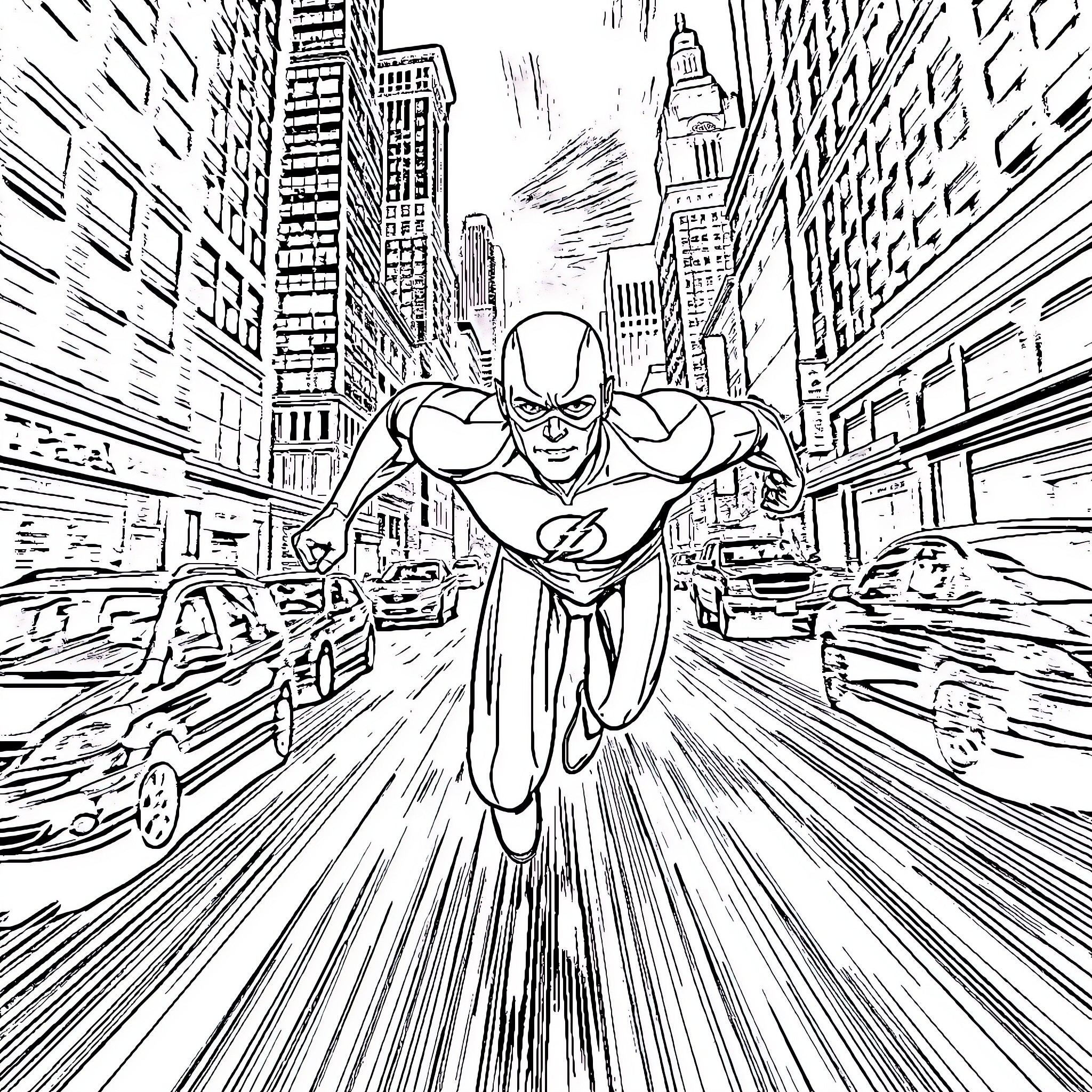 Flash's Super Speed through City Streets Coloring Page (free black-and-white line drawing printable PDF for all, from beginners to advanced learners, including children, teens, adults, and seniors)