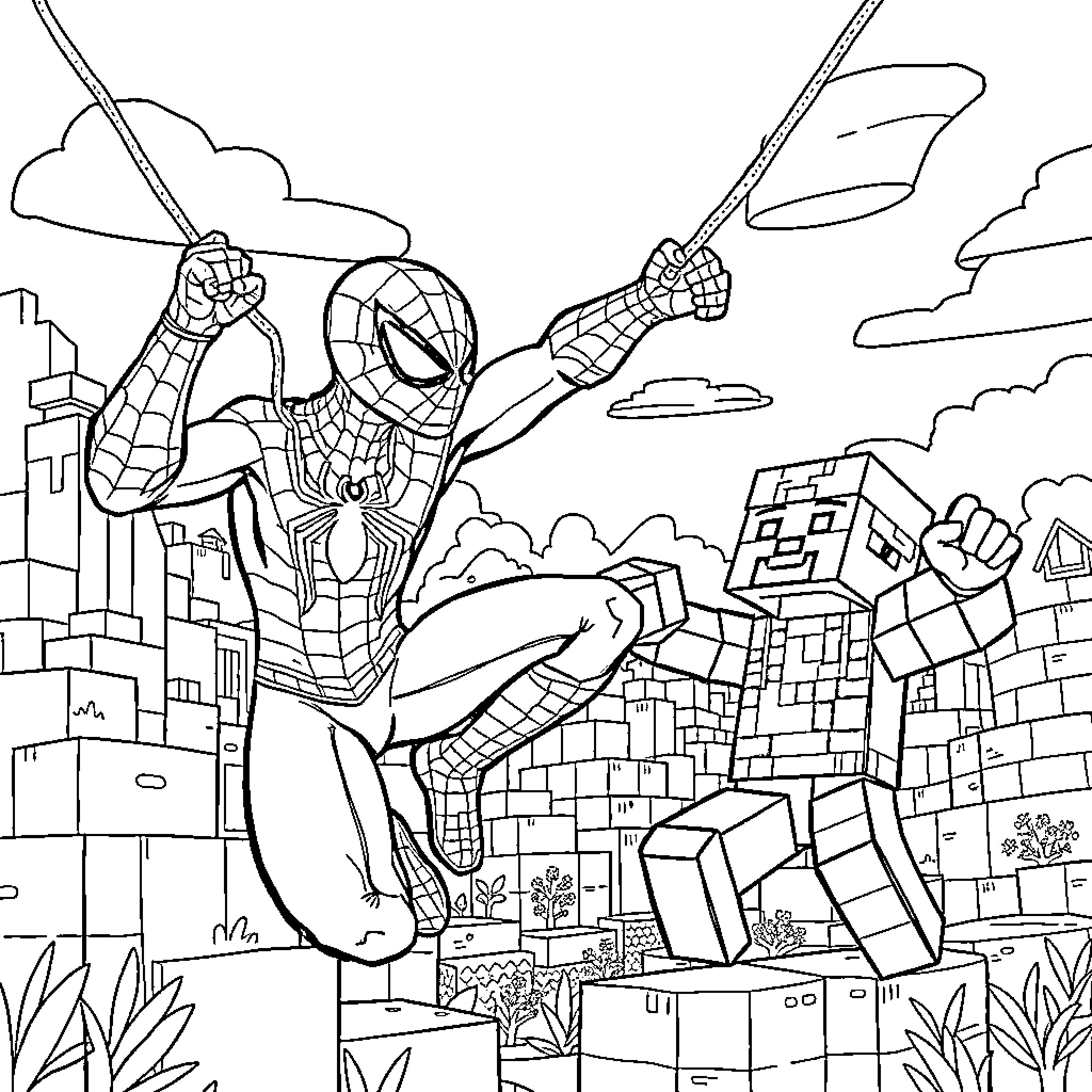 Spider-Man swinging through the city skyline Coloring Page (free black-and-white line drawing printable PDF for all, from beginners to advanced learners, including children, teens, adults, and seniors)