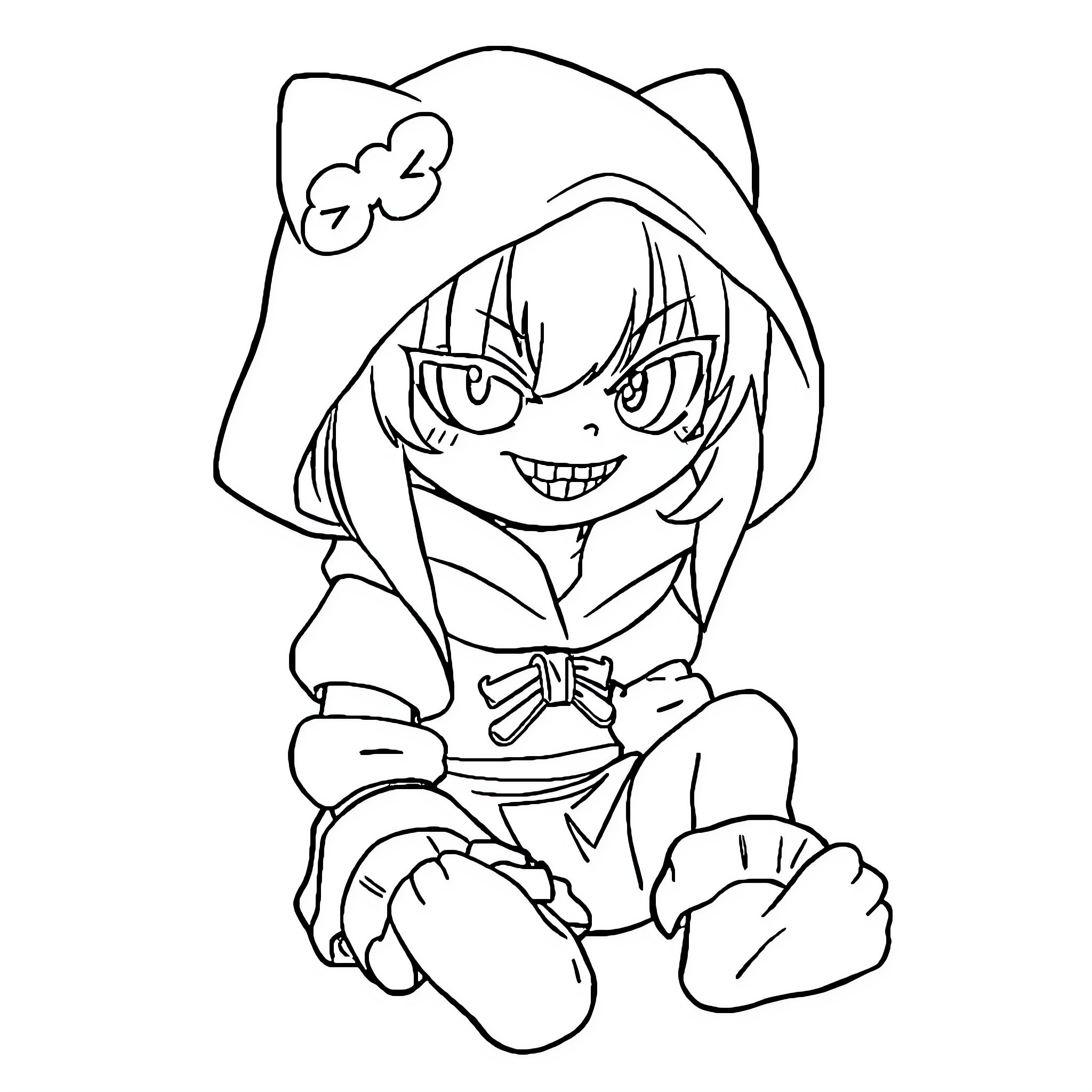 Kuromi sitting happily in her mischievous outfit Coloring Page (free black-and-white line drawing printable PDF for all, from beginners to advanced learners, including children, teens, adults, and seniors)