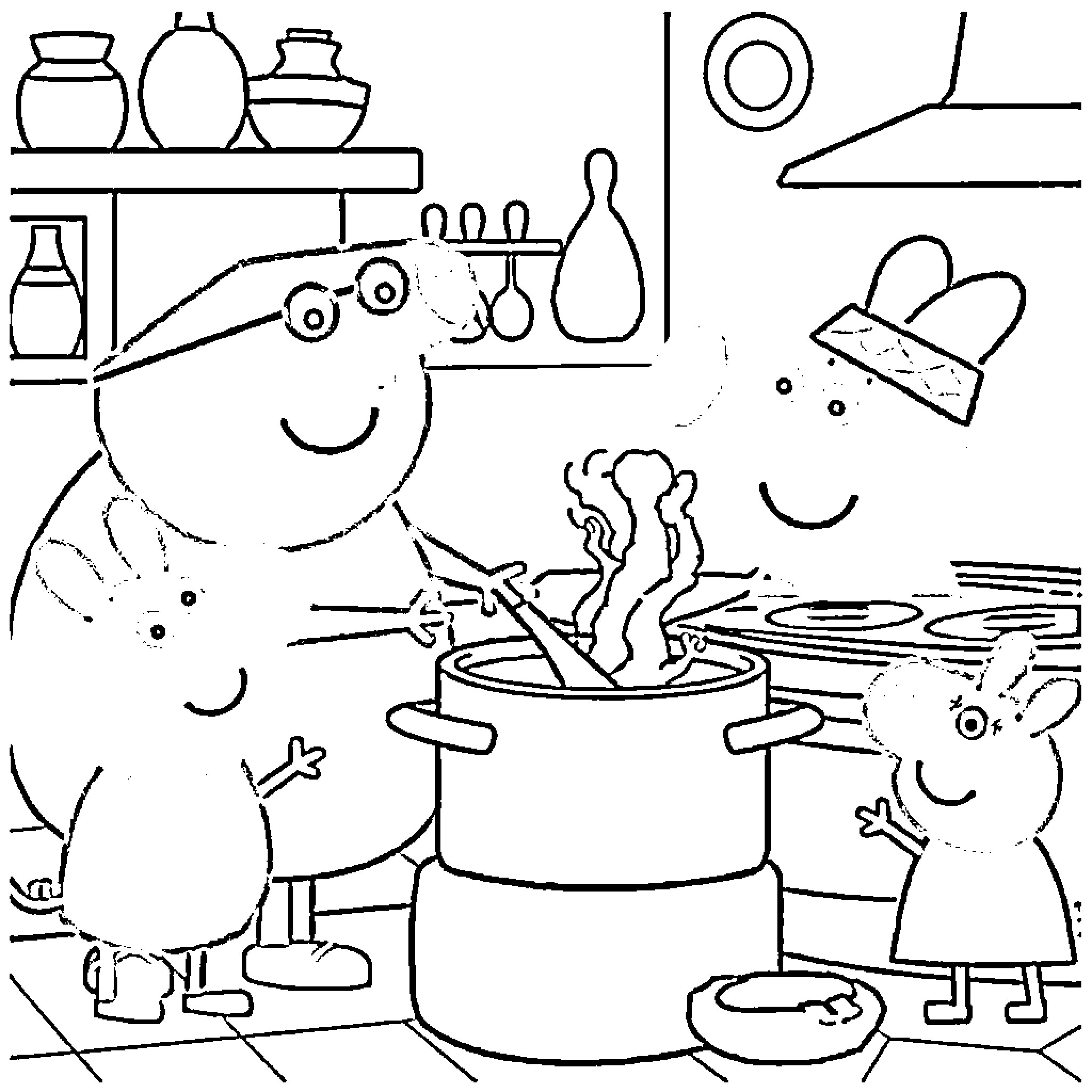 Peppa Pig and Family Cooking Together in the Kitchen Coloring Page (free black-and-white line drawing printable PDF for all, from beginners to advanced learners, including children, teens, adults, and seniors)