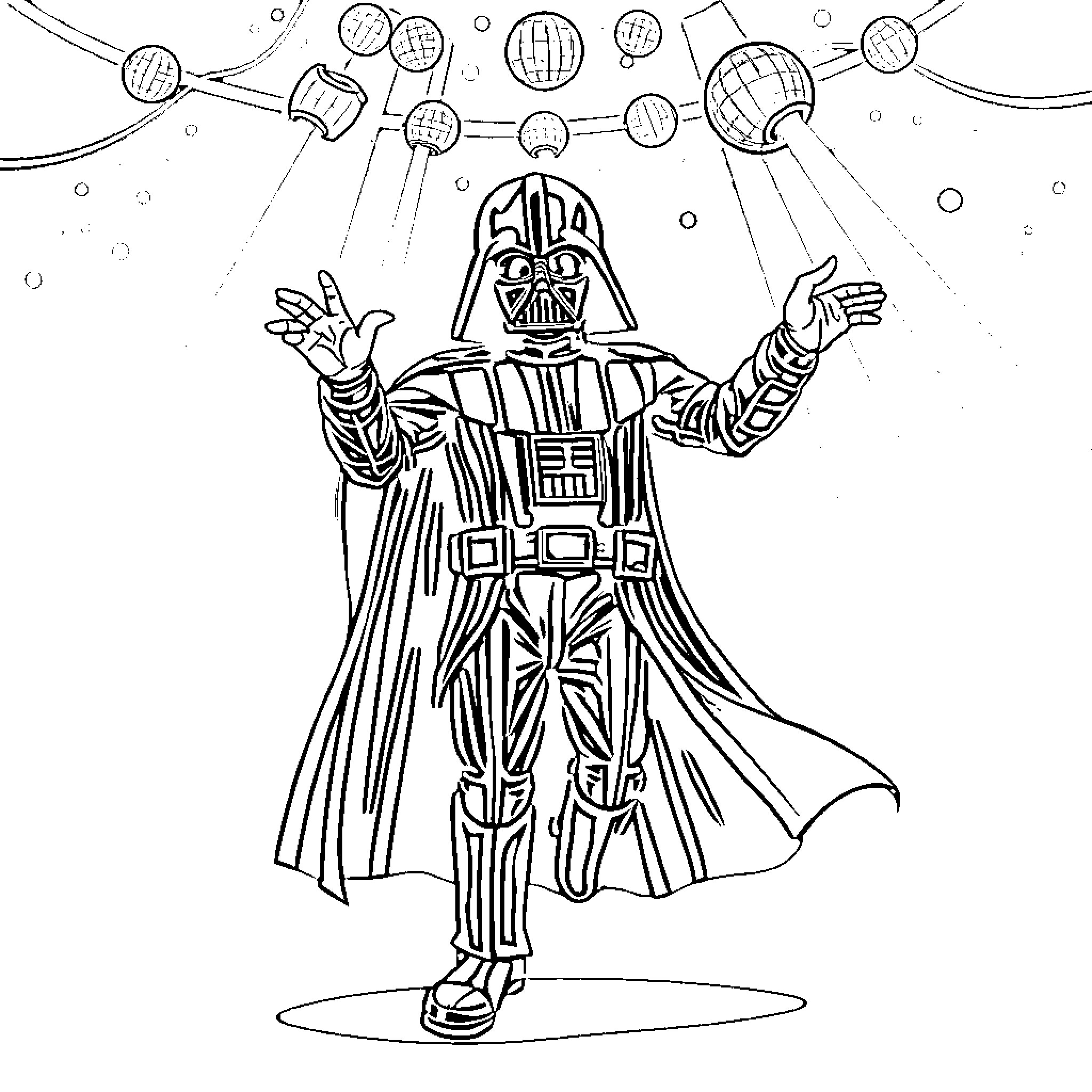 Darth Vader wielding lightsaber in cosmic setting Coloring Page (free black-and-white line drawing printable PDF for all, from beginners to advanced learners, including children, teens, adults, and seniors)