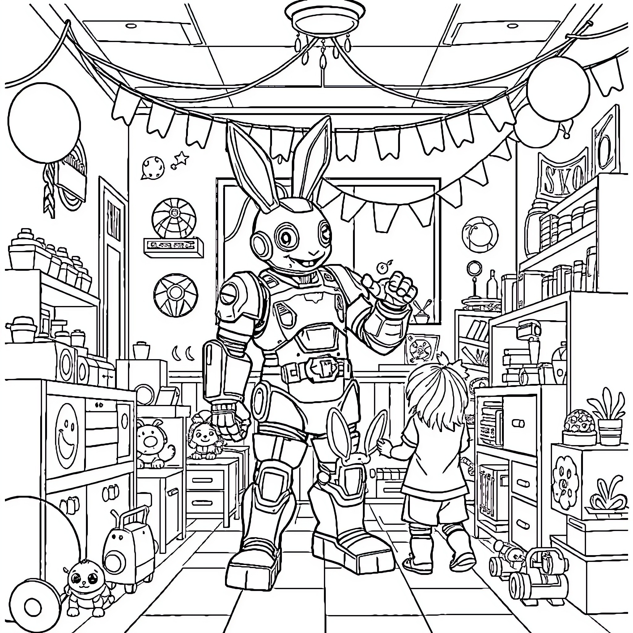 Man in robotic costume exploring colorful bedroom Coloring Page (free black-and-white line drawing printable PDF for all, from beginners to advanced learners, including children, teens, adults, and seniors)