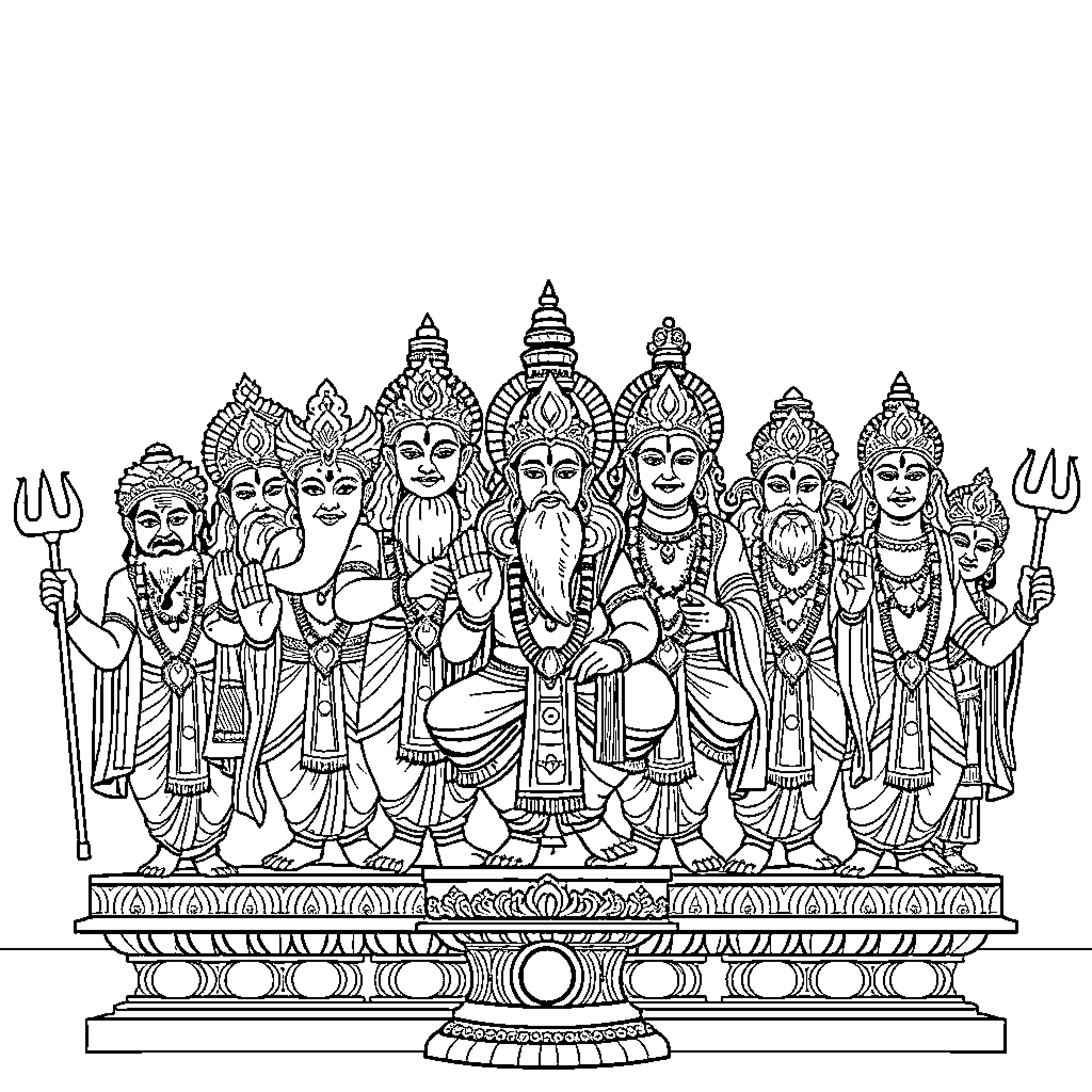 God's Celestial Assembly in Ornate Attire Coloring Page (free black-and-white line drawing printable PDF for all, from beginners to advanced learners, including children, teens, adults, and seniors)