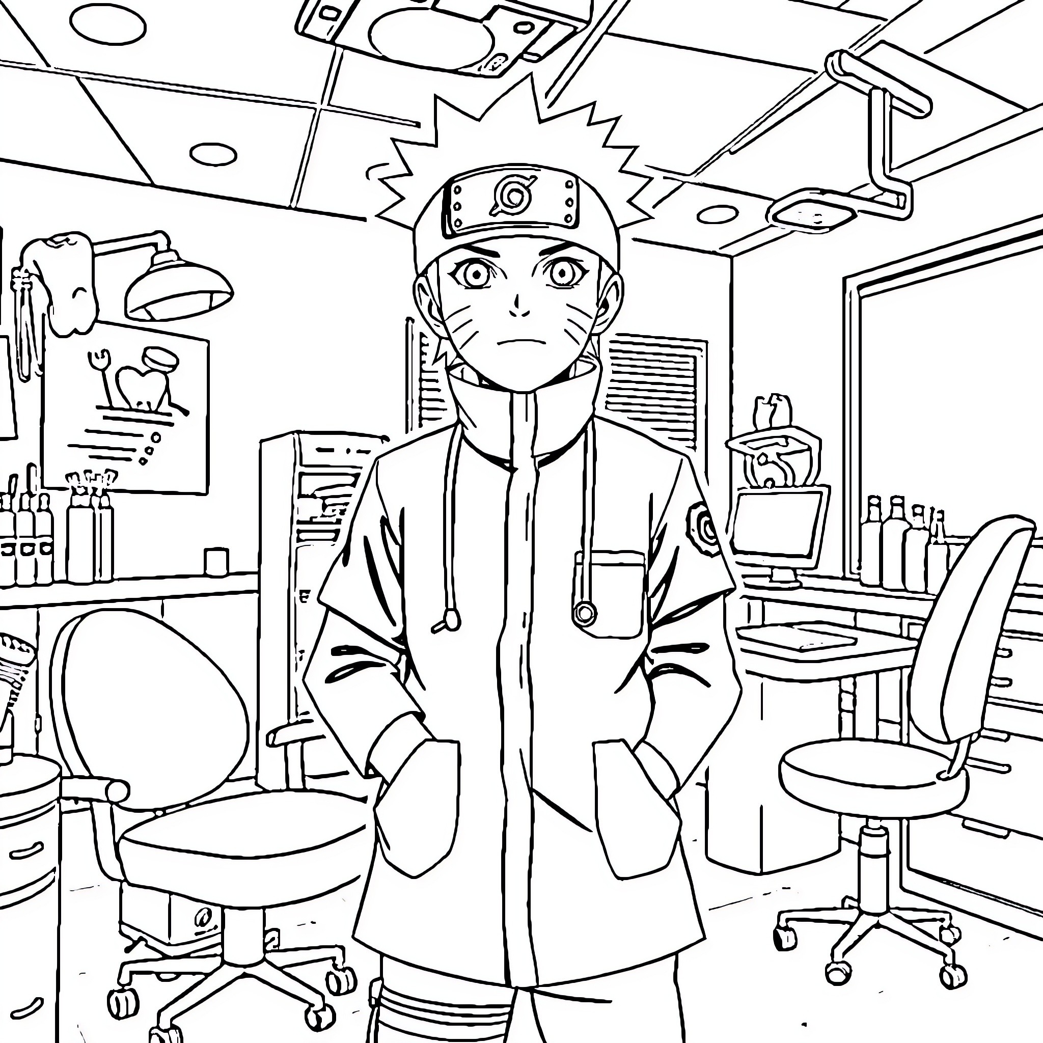 Naruto in a medical examination room Coloring Page (free black-and-white line drawing printable PDF for all, from beginners to advanced learners, including children, teens, adults, and seniors)