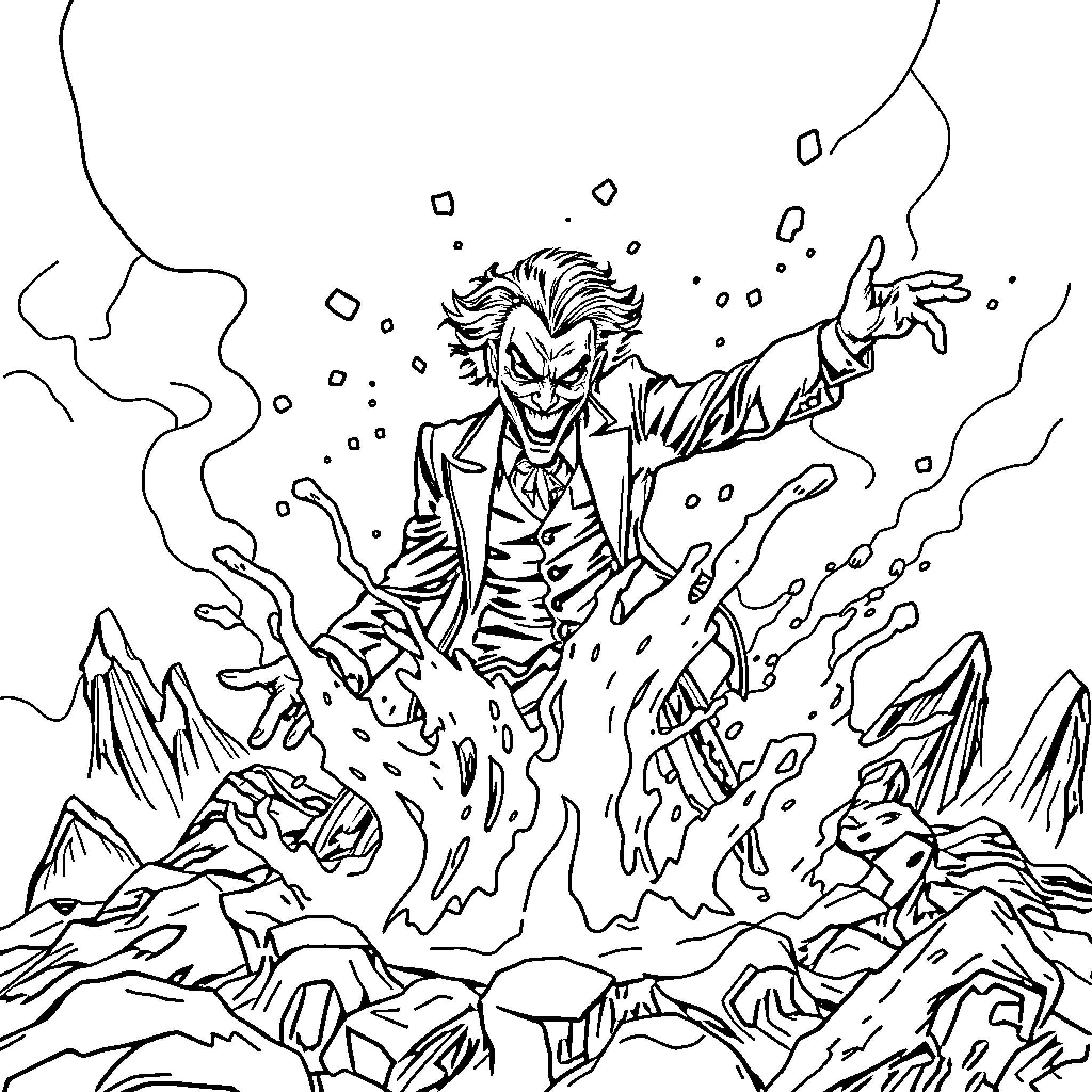 Joker laughing maniacally in destructive outburst Coloring Page (free black-and-white line drawing printable PDF for all, from beginners to advanced learners, including children, teens, adults, and seniors)