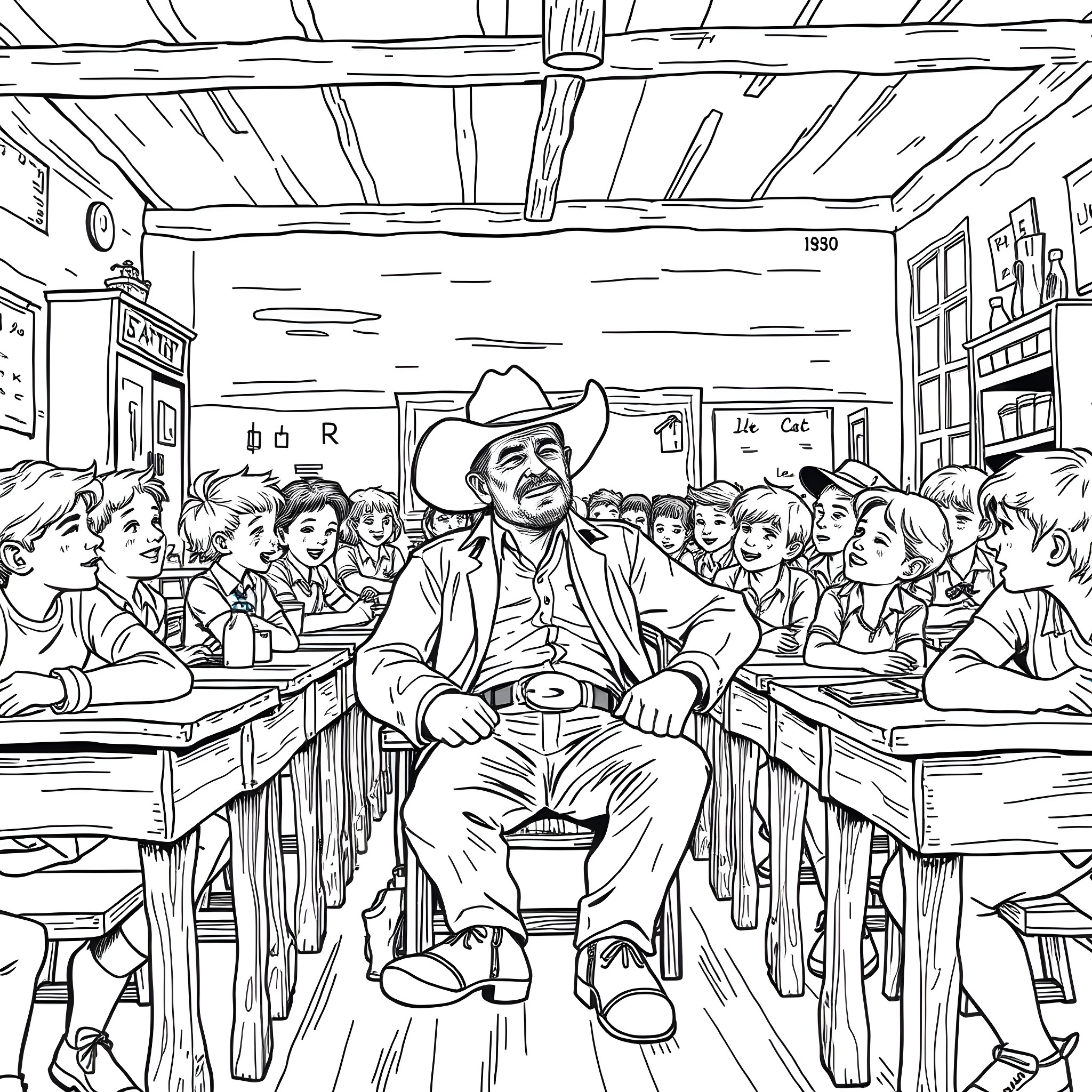 Cowboy surrounded by students in an old classroom Coloring Page (free black-and-white line drawing printable PDF for all, from beginners to advanced learners, including children, teens, adults, and seniors)