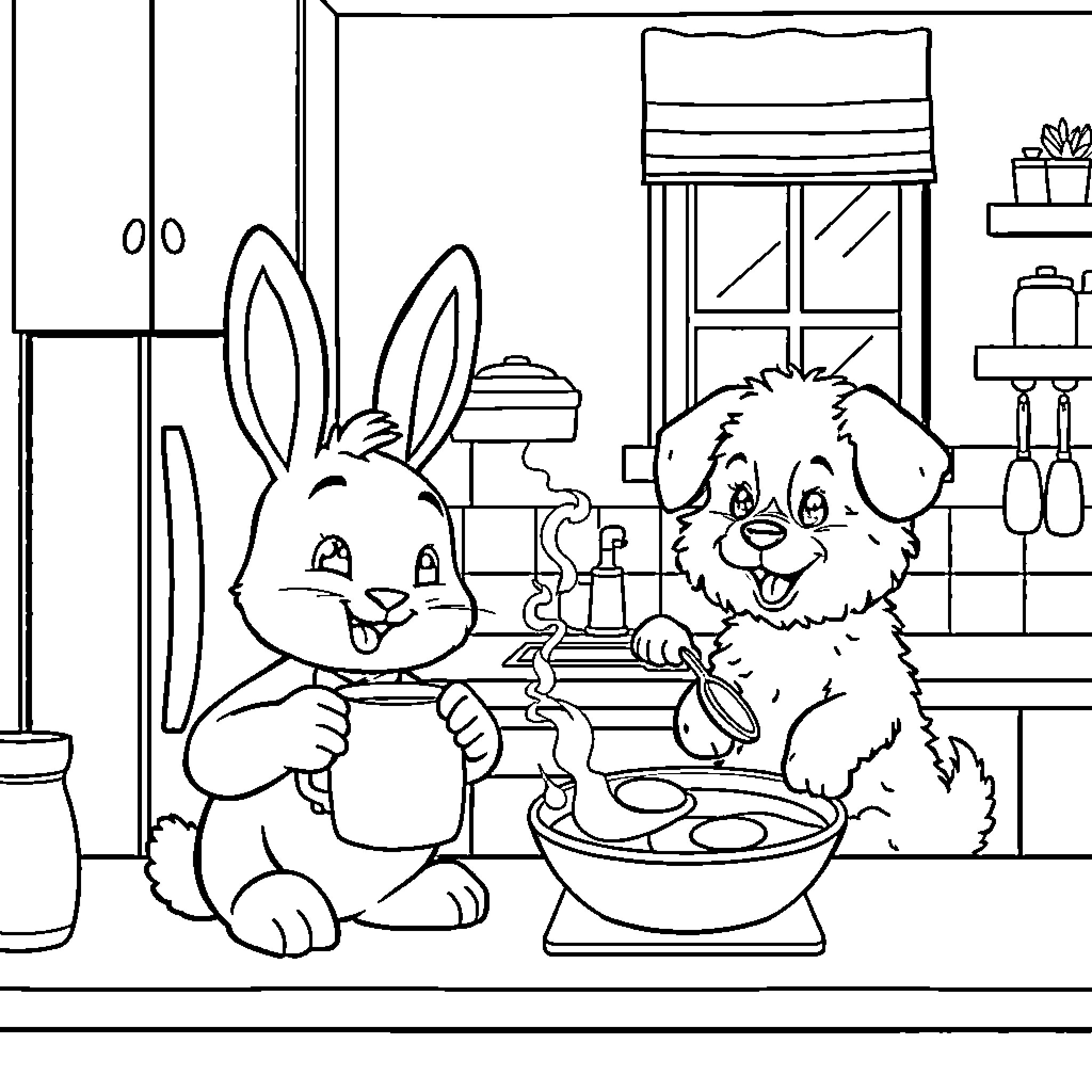 Bunny and Puppy Cooking Together in the Kitchen Coloring Page (free black-and-white line drawing printable PDF for all, from beginners to advanced learners, including children, teens, adults, and seniors)