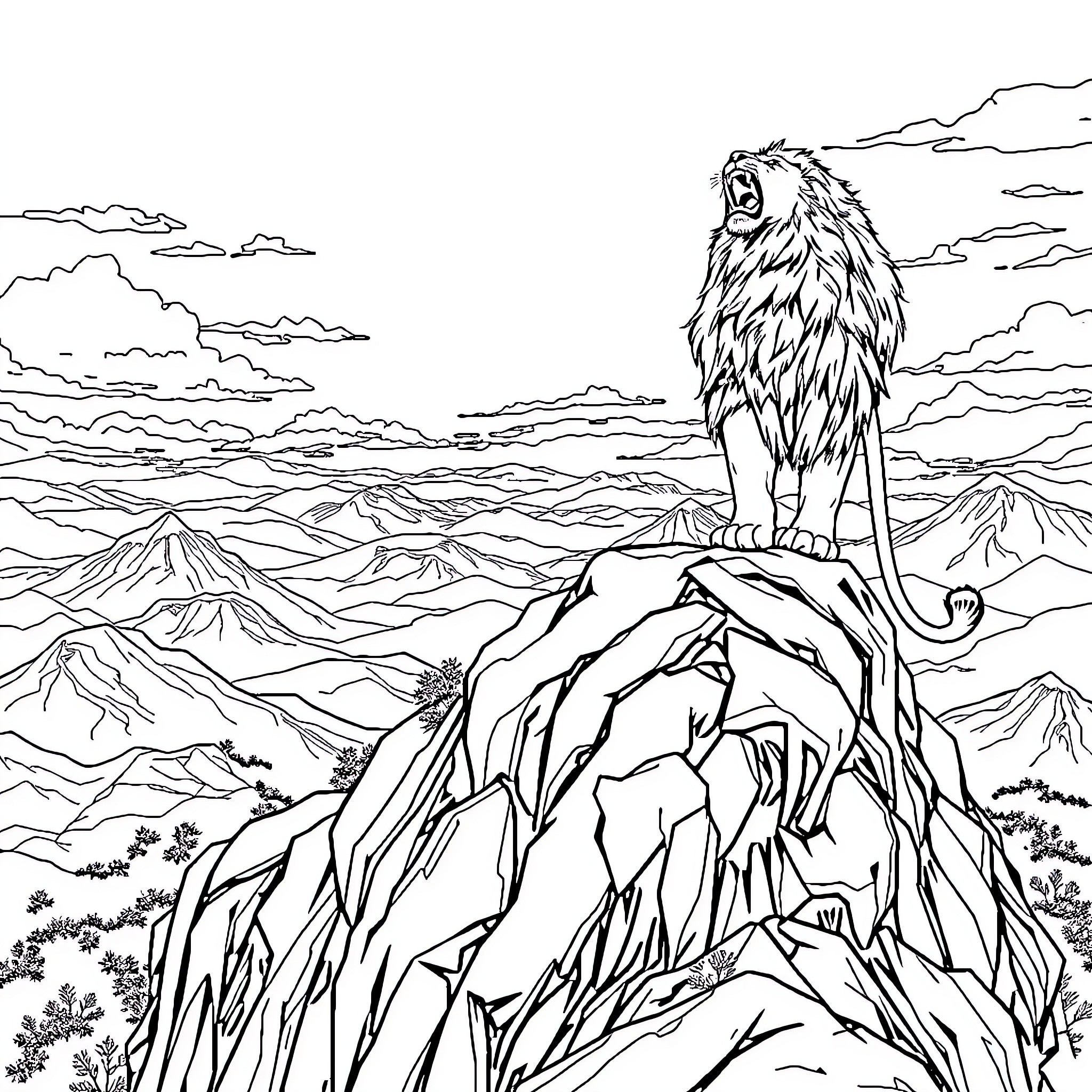 Lion roaring atop a rugged mountain landscape Coloring Page (free black-and-white line drawing printable PDF for all, from beginners to advanced learners, including children, teens, adults, and seniors)