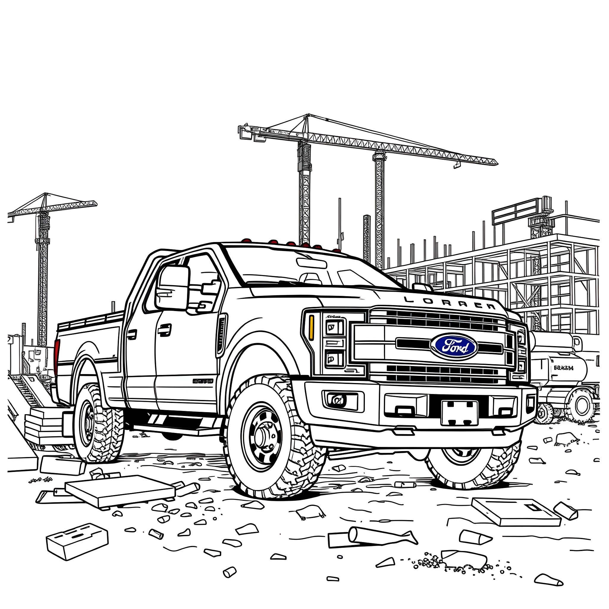 Pickup truck on construction site Coloring Page (free black-and-white line drawing printable PDF for all, from beginners to advanced learners, including children, teens, adults, and seniors)