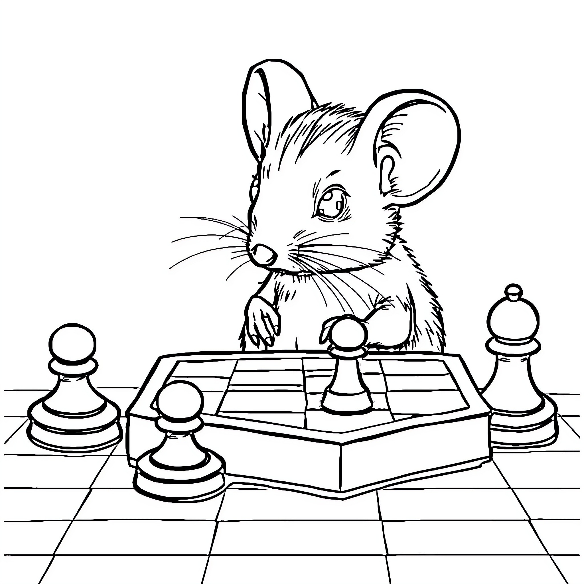 Mouse playing chess on a board Coloring Page (free black-and-white line drawing printable PDF for all, from beginners to advanced learners, including children, teens, adults, and seniors)