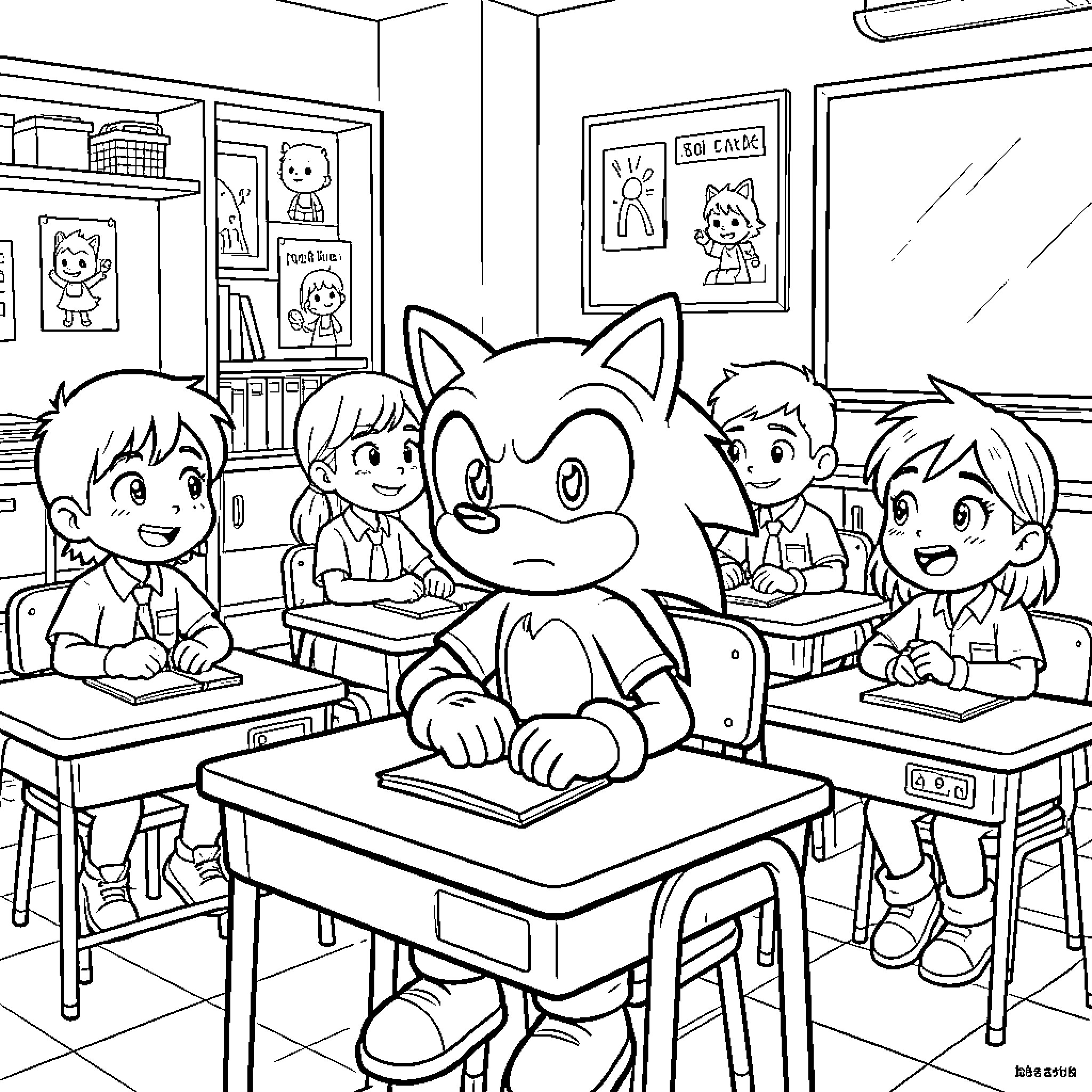 Sonic sitting at a desk in a classroom Coloring Page (free black-and-white line drawing printable PDF for all, from beginners to advanced learners, including children, teens, adults, and seniors)