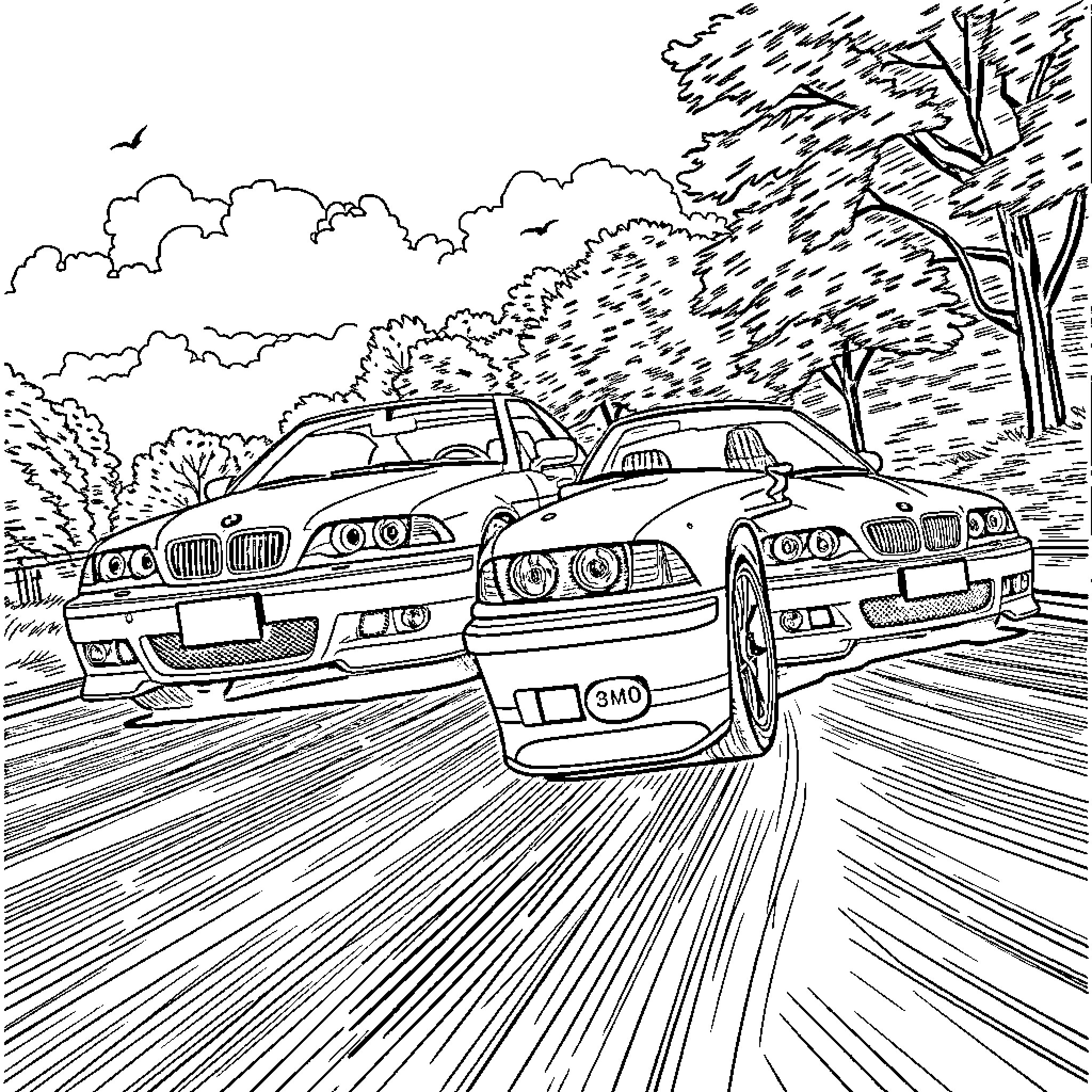 BMW Race cars speeding down the road Coloring Page (free black-and-white line drawing printable PDF for all, from beginners to advanced learners, including children, teens, adults, and seniors)