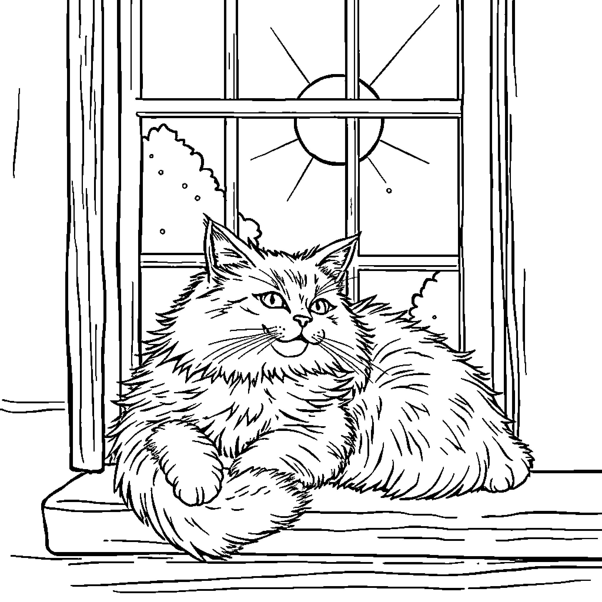 Cat relaxing by the window Coloring Page (free black-and-white line drawing printable PDF for all, from beginners to advanced learners, including children, teens, adults, and seniors)