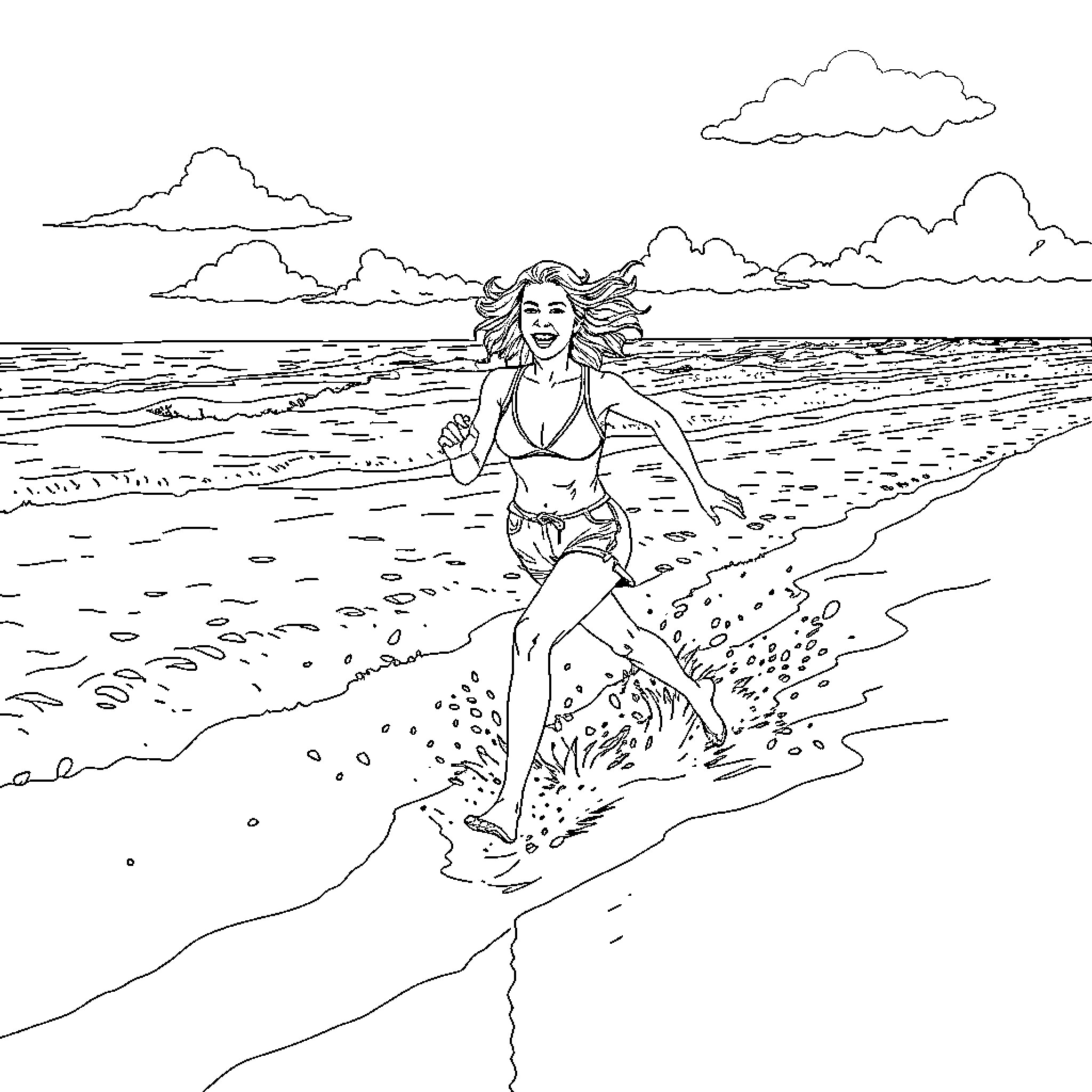 Woman running joyfully on the beach Coloring Page (free black-and-white line drawing printable PDF for all, from beginners to advanced learners, including children, teens, adults, and seniors)