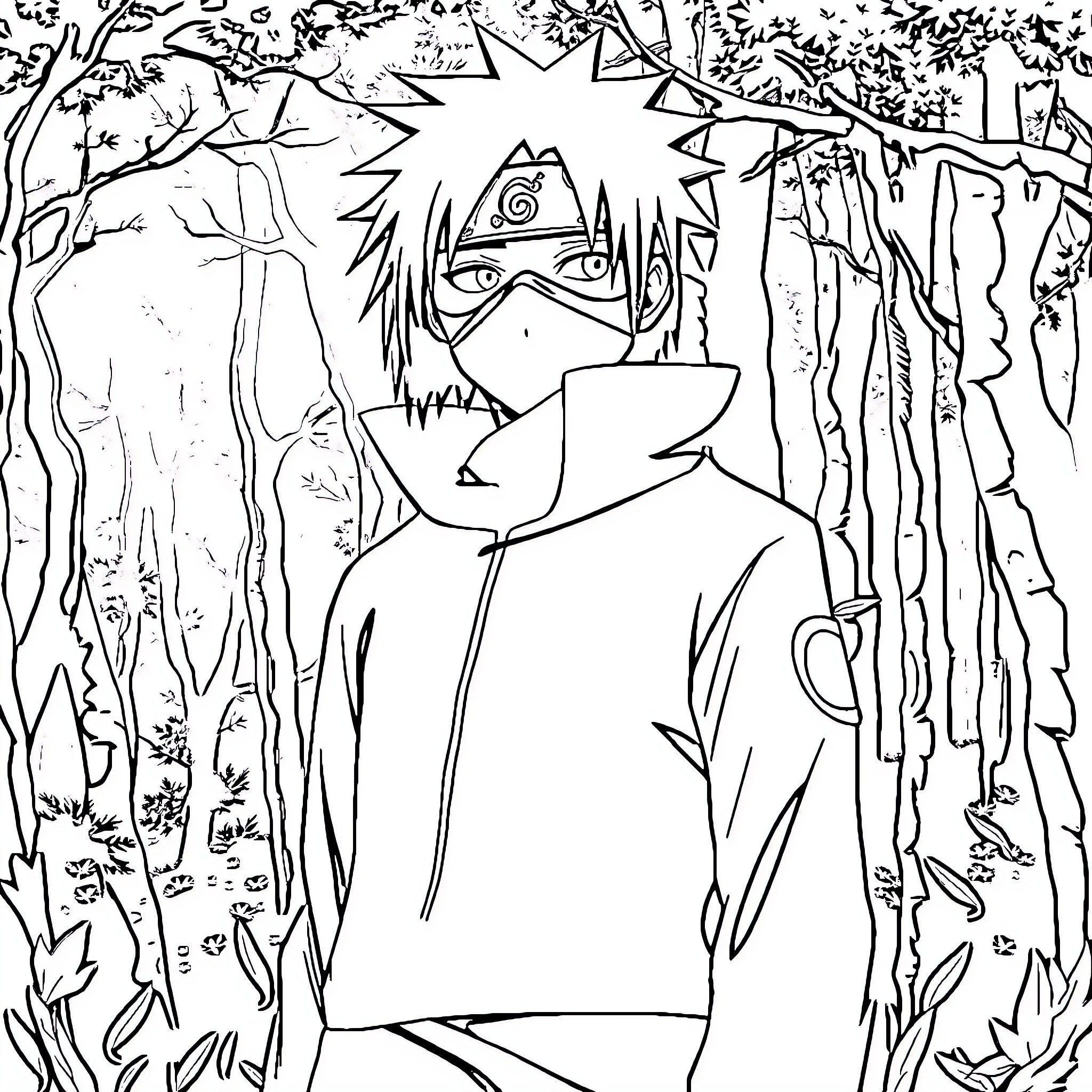 Obito in the Mystical Forest Realm Coloring Page (free black-and-white line drawing printable PDF for all, from beginners to advanced learners, including children, teens, adults, and seniors)