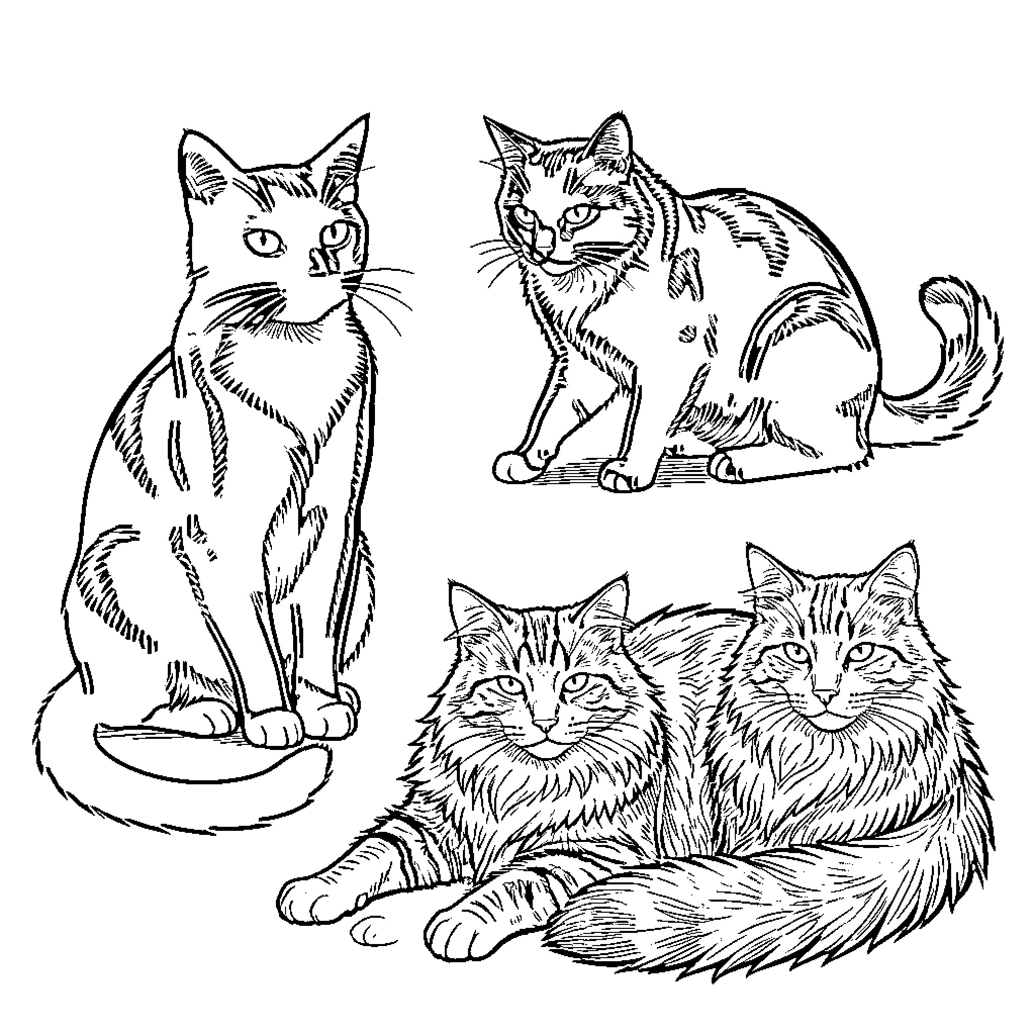 Cats in Variety of Poses and Expressions Coloring Page (free black-and-white line drawing printable PDF for all, from beginners to advanced learners, including children, teens, adults, and seniors)