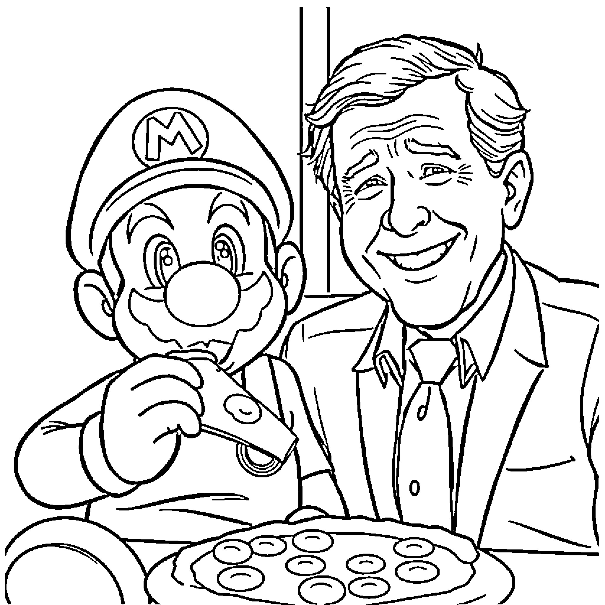 Mario cooking a delicious meal with a happy host Coloring Page (free black-and-white line drawing printable PDF for all, from beginners to advanced learners, including children, teens, adults, and seniors)