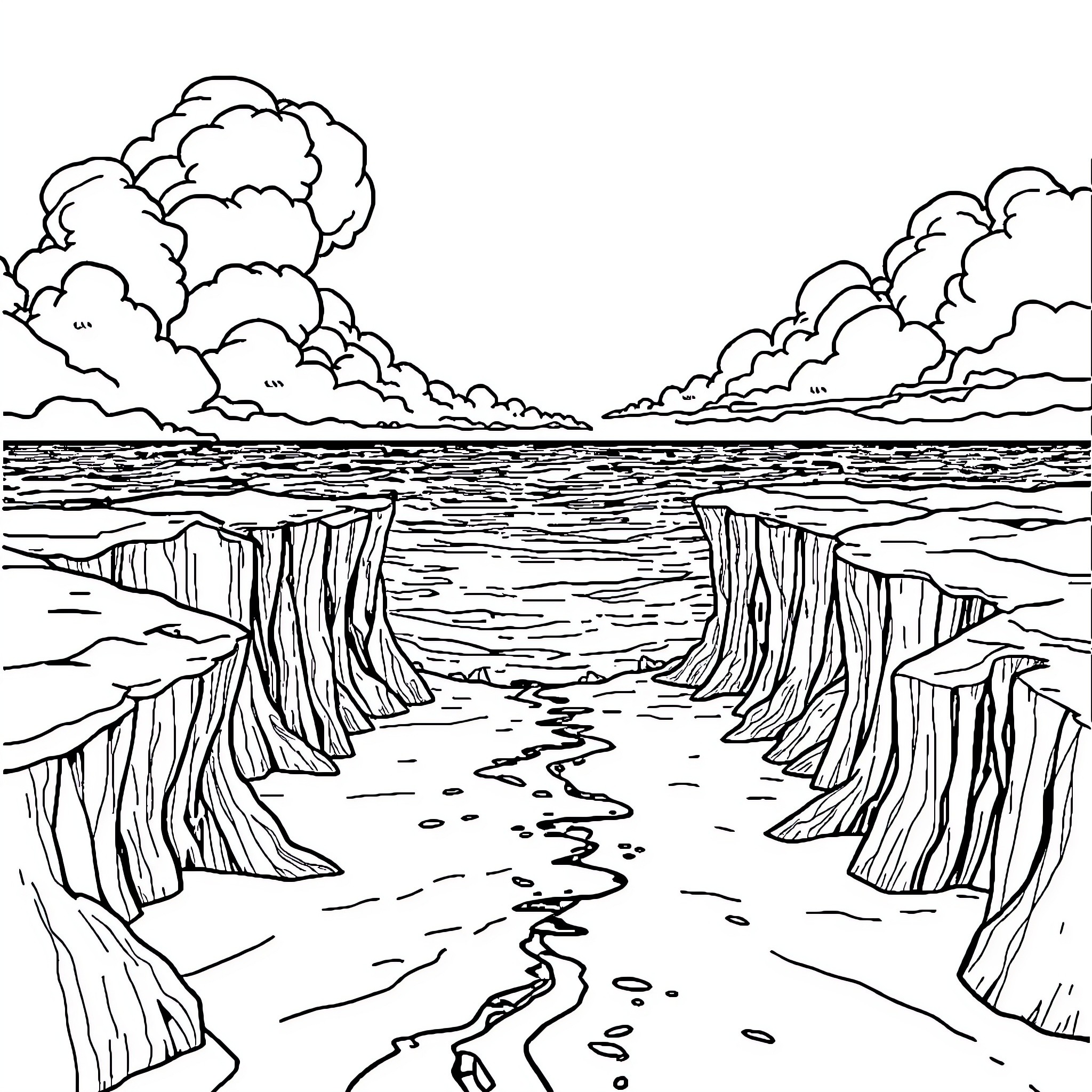 Sea of dramatic clouds and cliffs Coloring Page (free black-and-white line drawing printable PDF for all, from beginners to advanced learners, including children, teens, adults, and seniors)