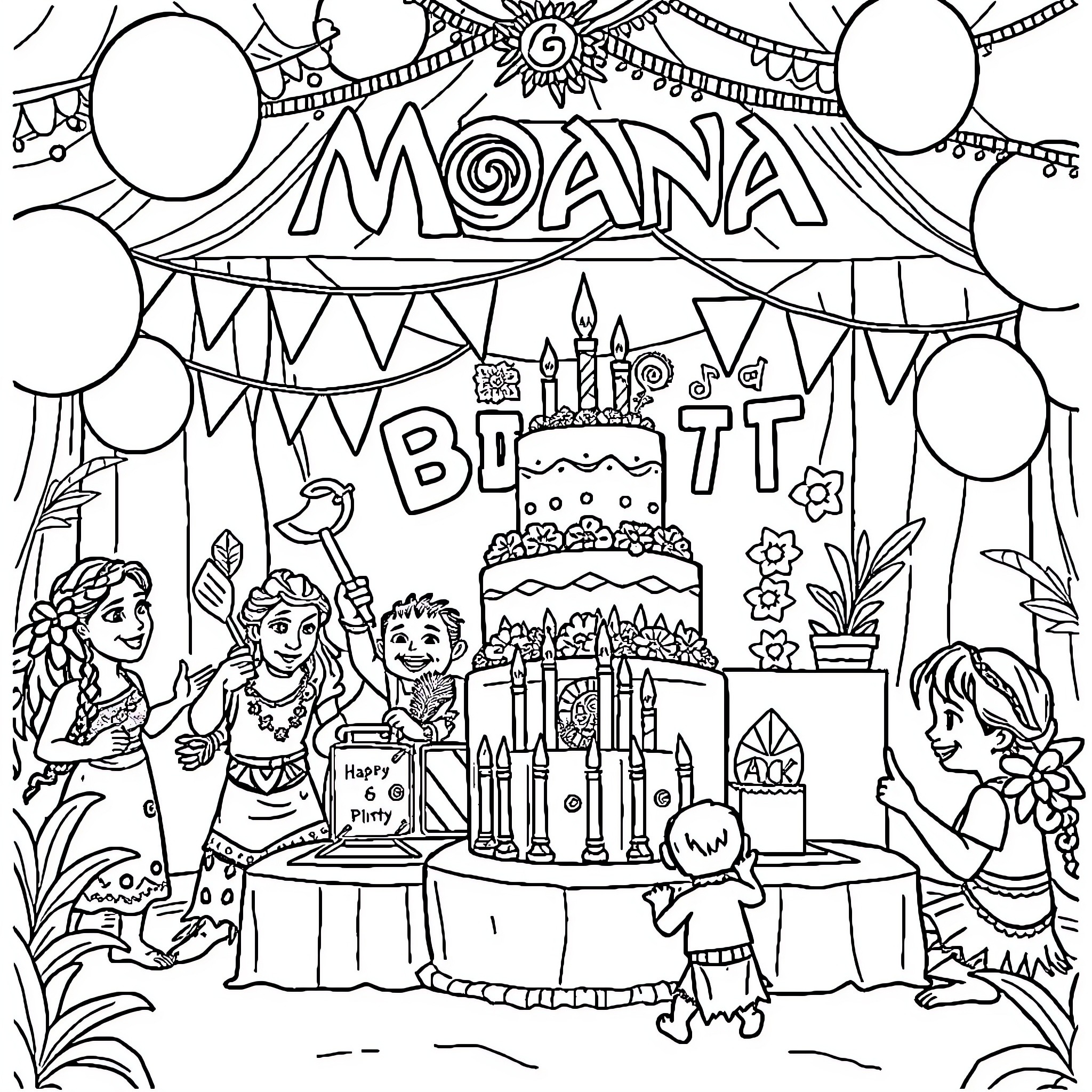 Moana Birthday Celebration with Friends and Family Coloring Page (free black-and-white line drawing printable PDF for all, from beginners to advanced learners, including children, teens, adults, and seniors)