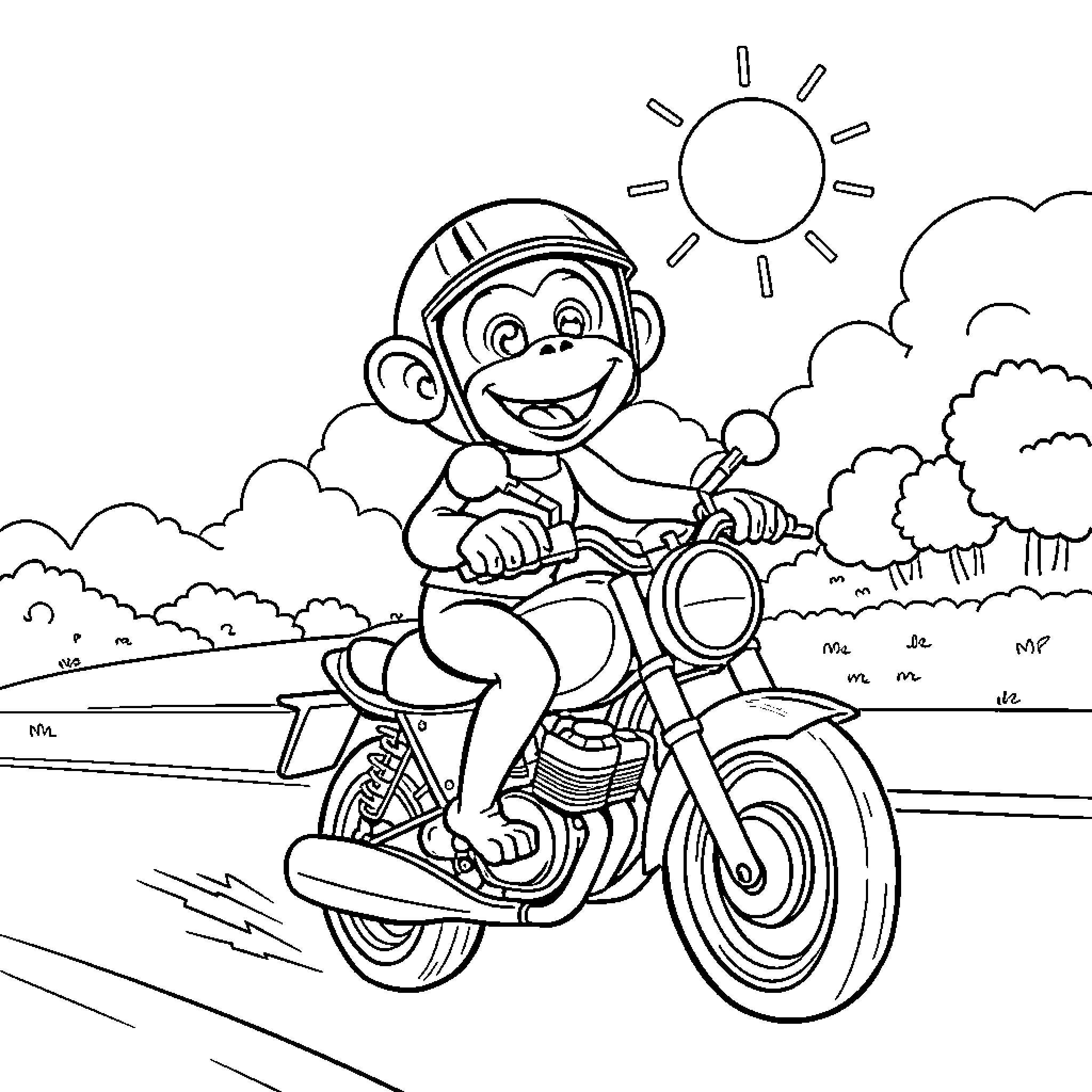 Monkey riding a motorcycle on a sunny day Coloring Page (free black-and-white line drawing printable PDF for all, from beginners to advanced learners, including children, teens, adults, and seniors)