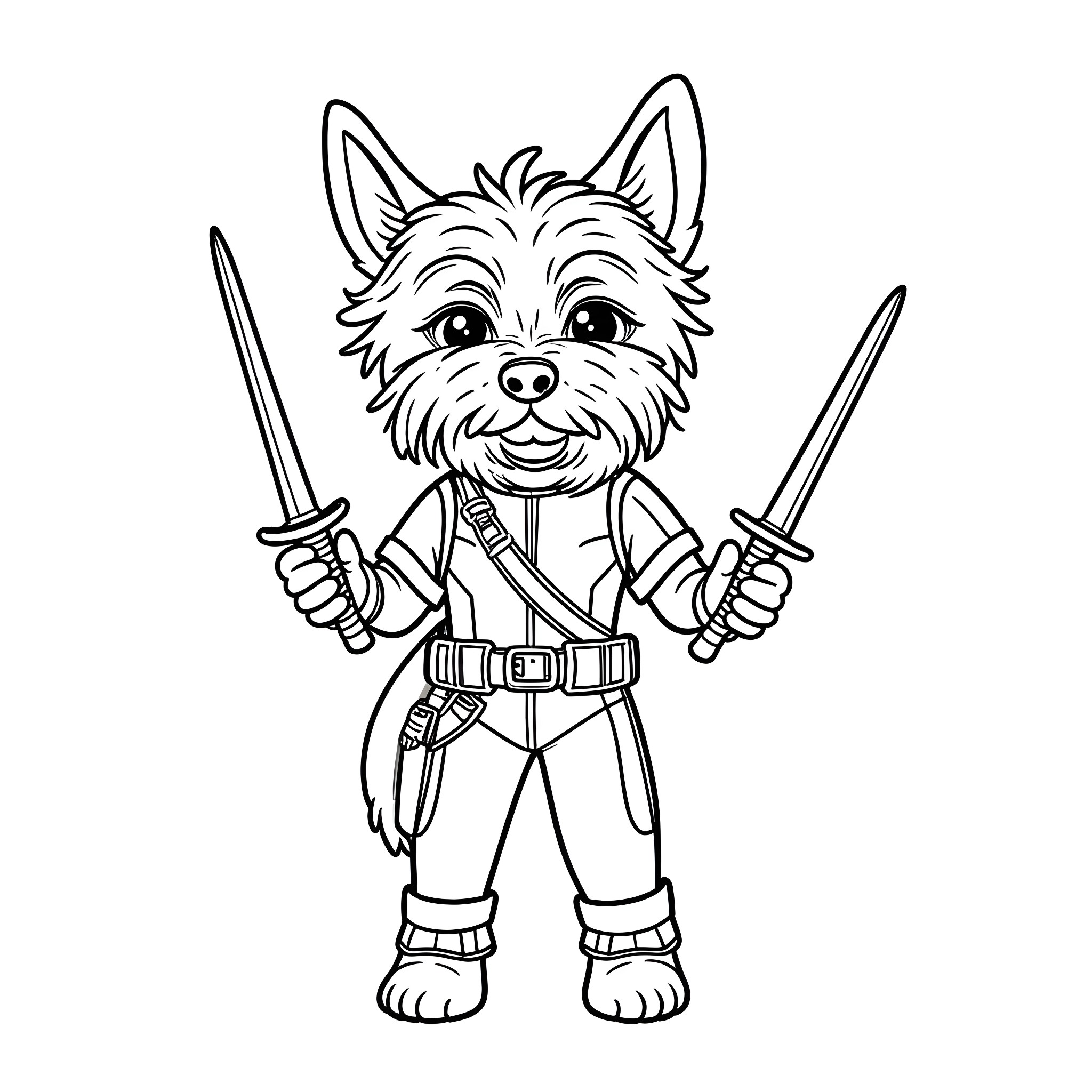 Yorkshire Terrier warrior wielding swords Coloring Page (free black-and-white line drawing printable PDF for all, from beginners to advanced learners, including children, teens, adults, and seniors)