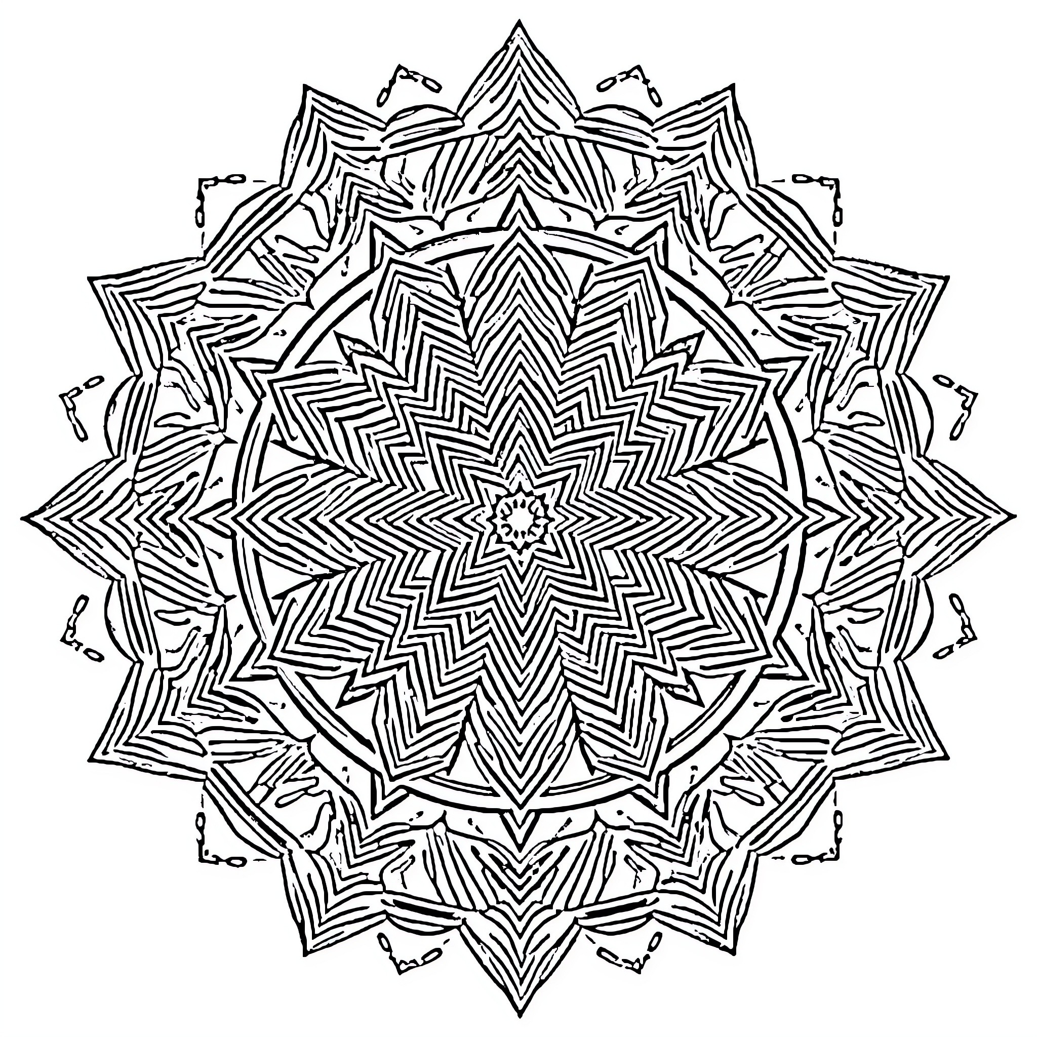 Sri Yantra geometric mandala design Coloring Page (free black-and-white line drawing printable PDF for all, from beginners to advanced learners, including children, teens, adults, and seniors)
