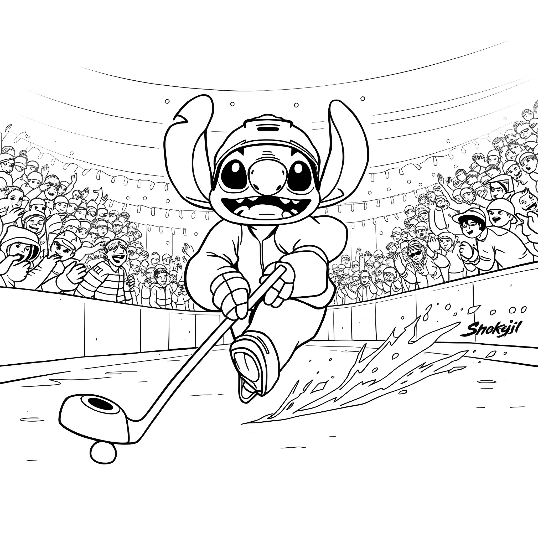 Stitch skiing through a snowy stadium with fans Coloring Page (free black-and-white line drawing printable PDF for all, from beginners to advanced learners, including children, teens, adults, and seniors)