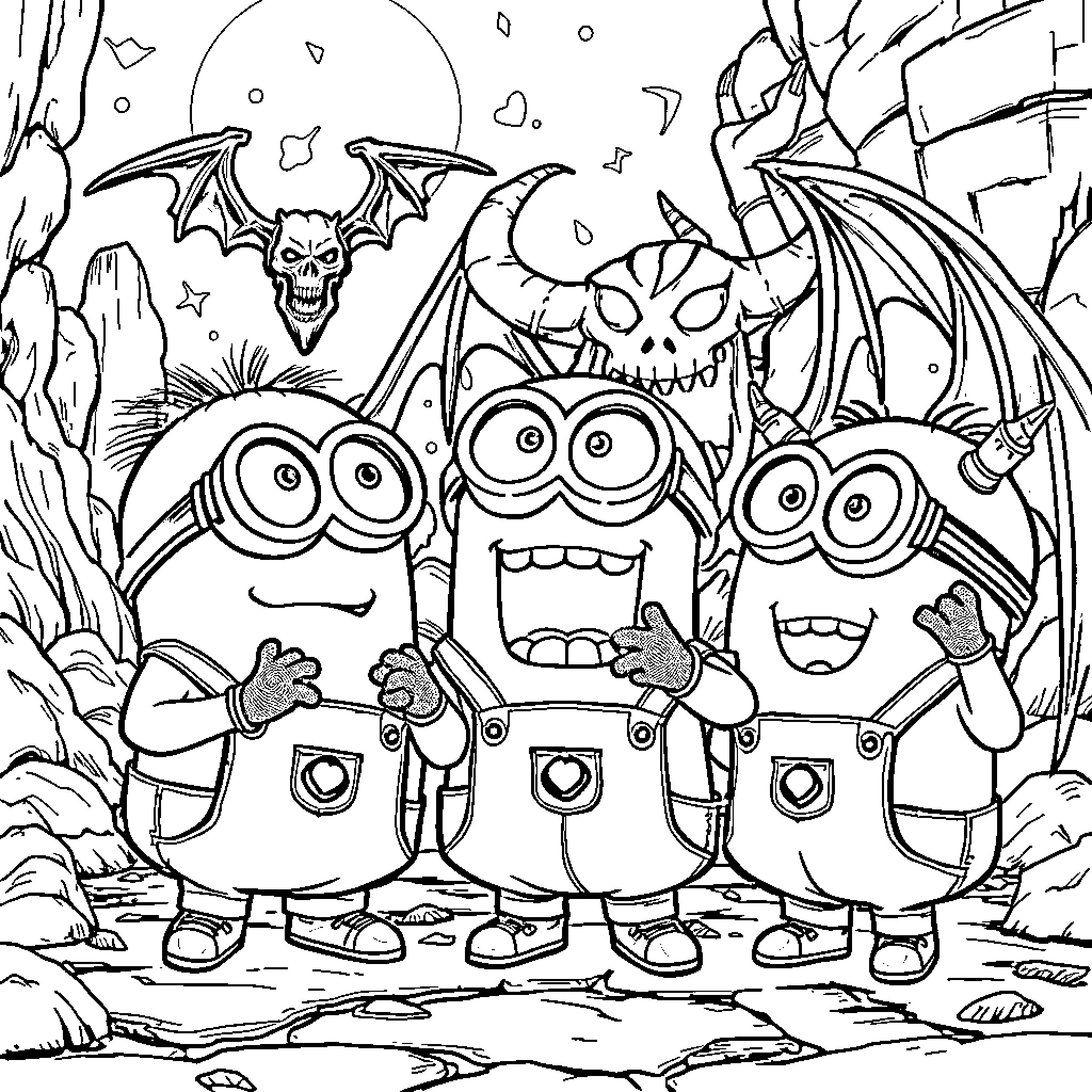 Minions Encounter Spooky Creatures in the Cave Coloring Page (free black-and-white line drawing printable PDF for all, from beginners to advanced learners, including children, teens, adults, and seniors)
