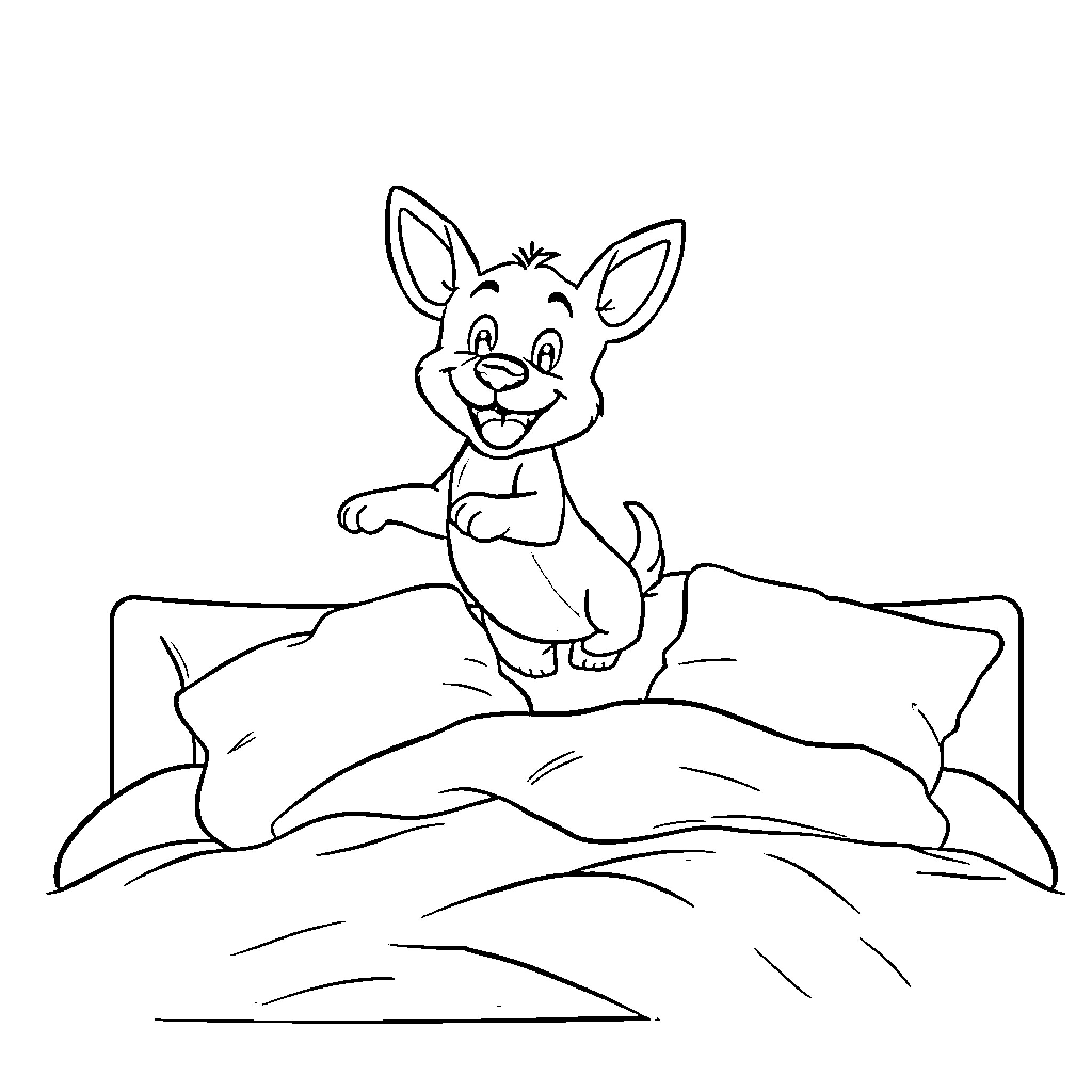 Bluey playing happily on the bed Coloring Page (free black-and-white line drawing printable PDF for all, from beginners to advanced learners, including children, teens, adults, and seniors)