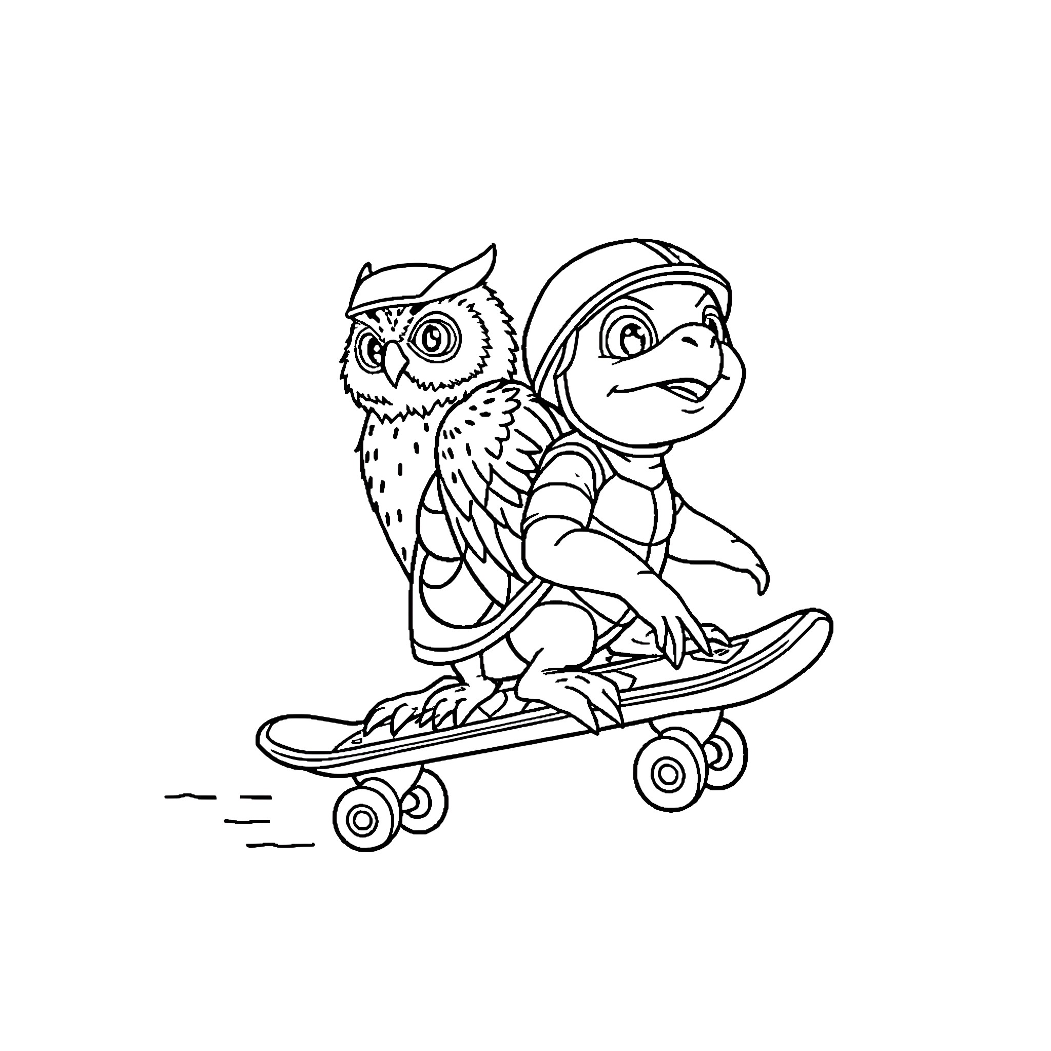 Owl riding a skateboard Coloring Page (free black-and-white line drawing printable PDF for all, from beginners to advanced learners, including children, teens, adults, and seniors)