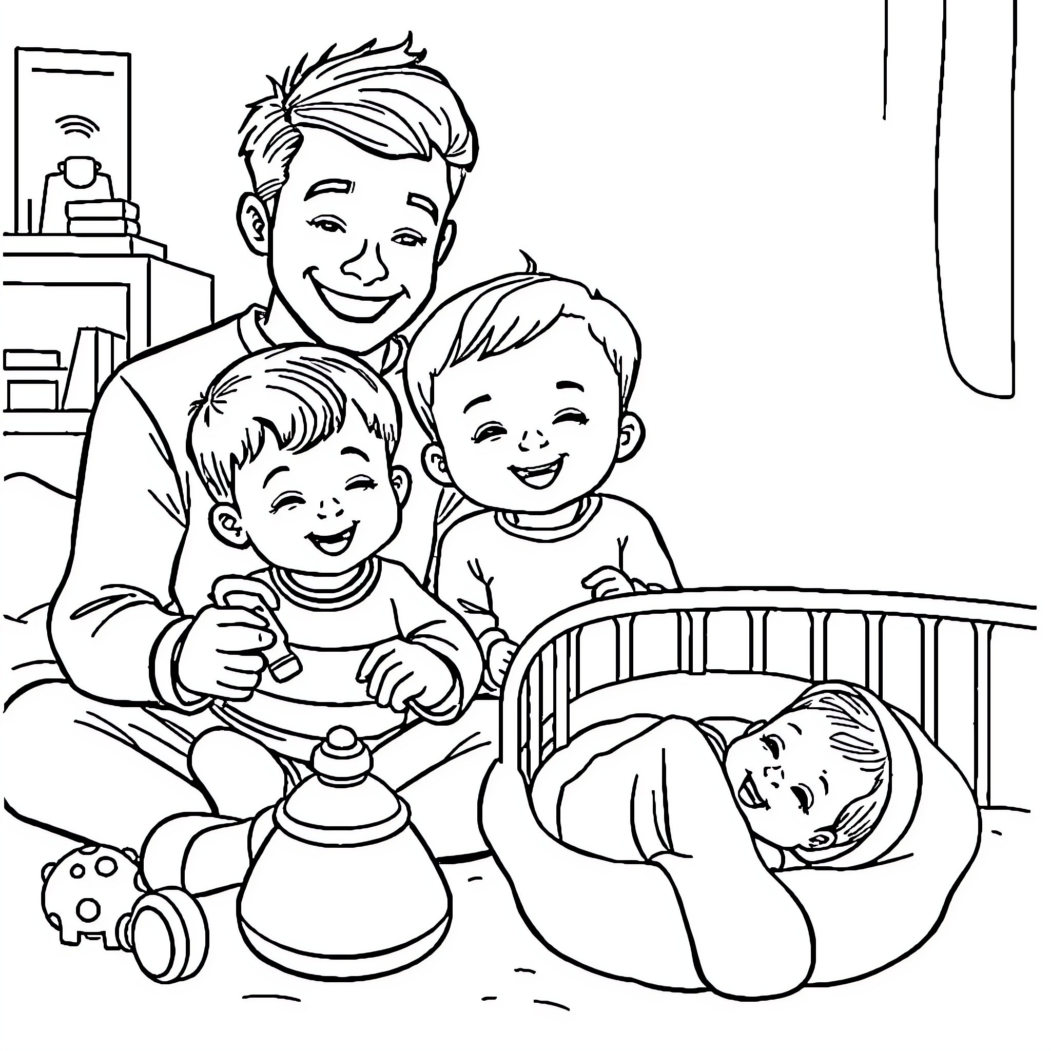 Family playing and bonding together at home Coloring Page (free black-and-white line drawing printable PDF for all, from beginners to advanced learners, including children, teens, adults, and seniors)