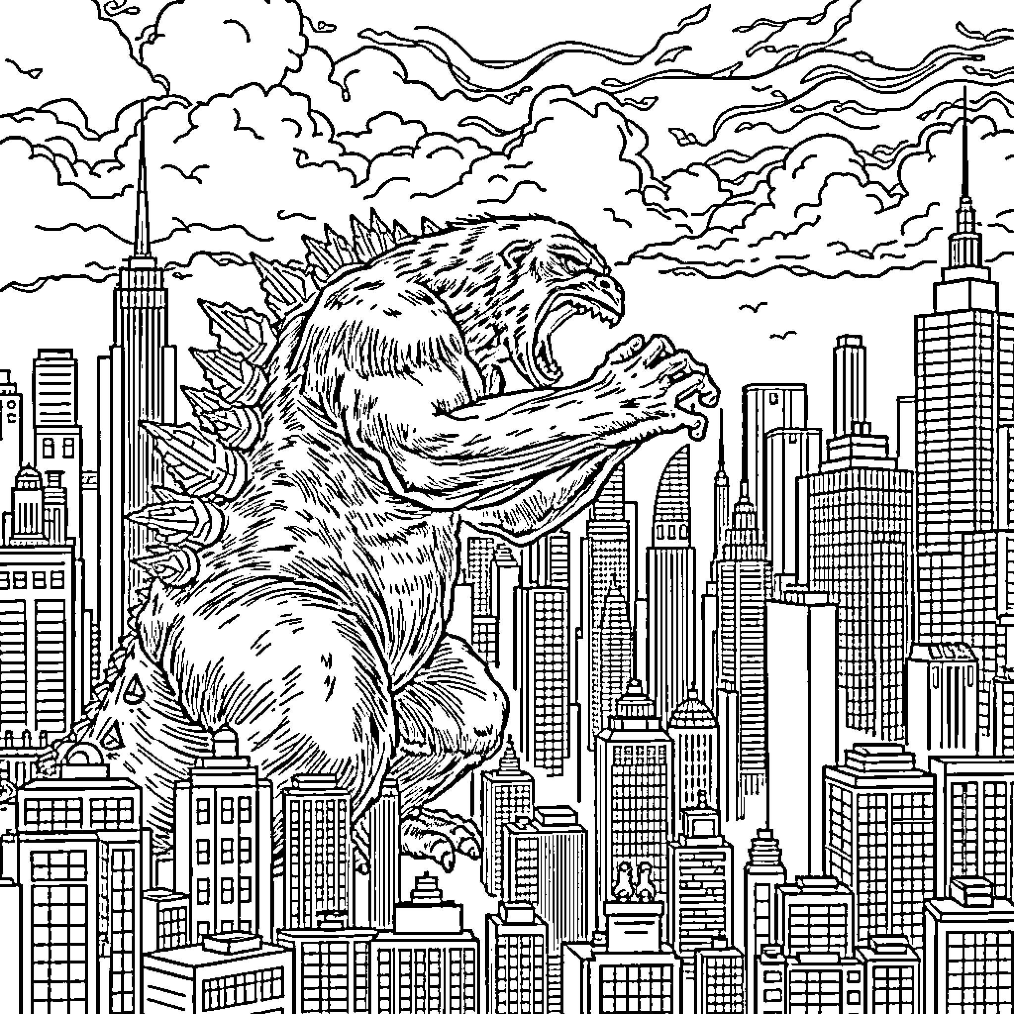 King Kong rampaging through a city skyline Coloring Page (free black-and-white line drawing printable PDF for all, from beginners to advanced learners, including children, teens, adults, and seniors)