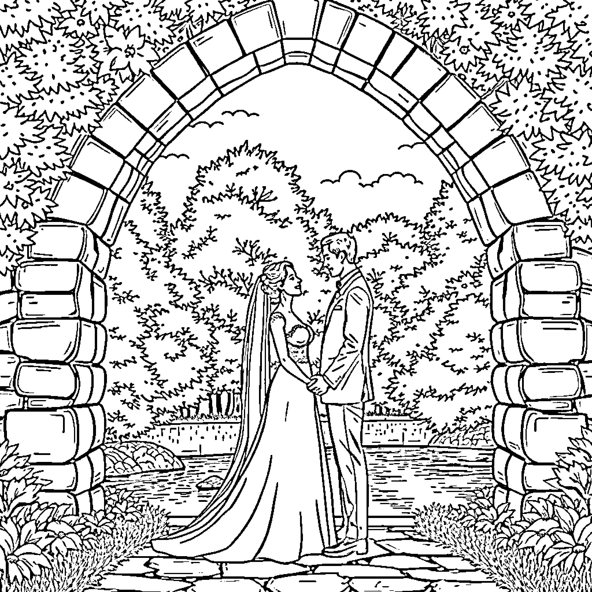 Bride and Groom Embrace Under Archway Coloring Page (free black-and-white line drawing printable PDF for all, from beginners to advanced learners, including children, teens, adults, and seniors)