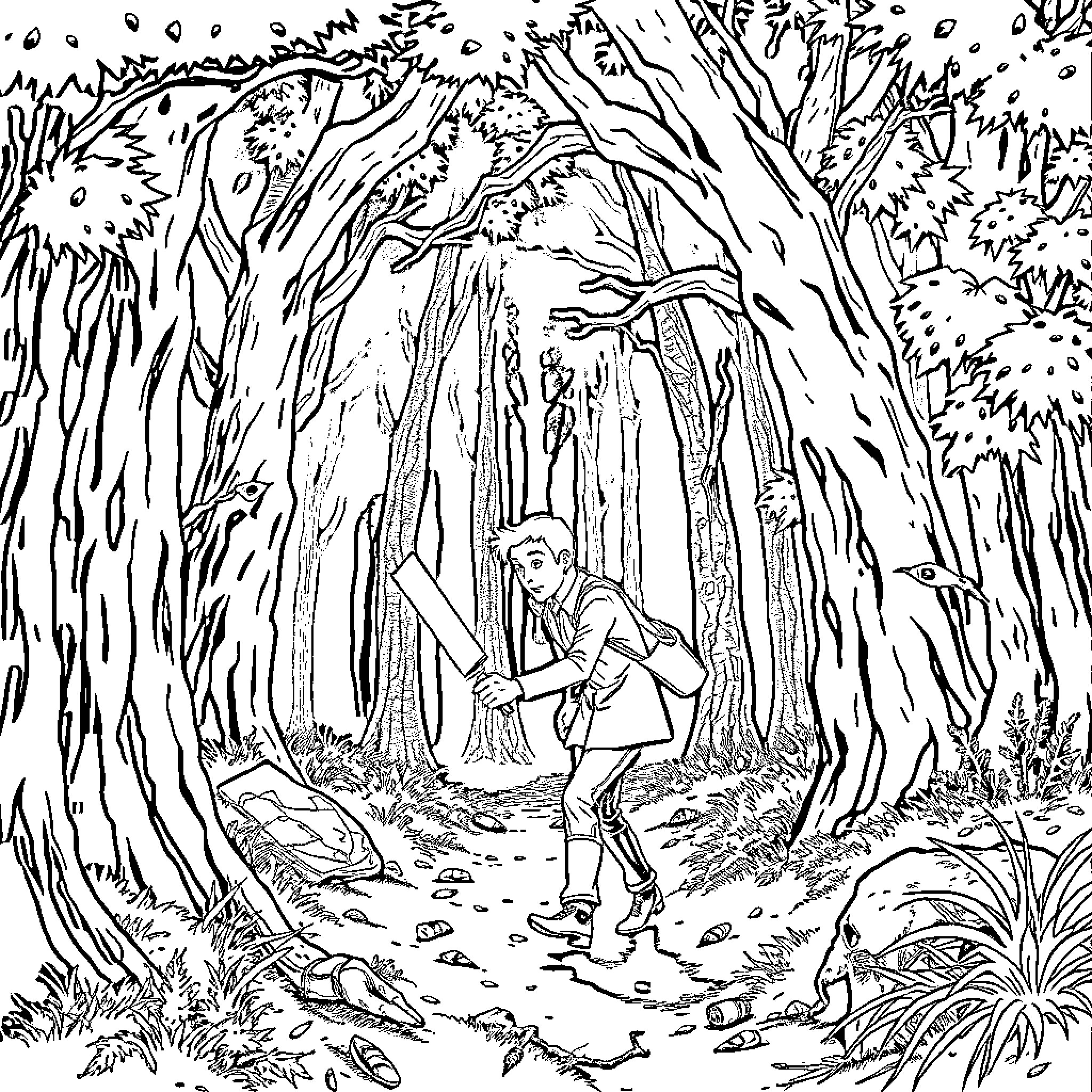 Mulder explores the mysterious forest landscape Coloring Page (free black-and-white line drawing printable PDF for all, from beginners to advanced learners, including children, teens, adults, and seniors)