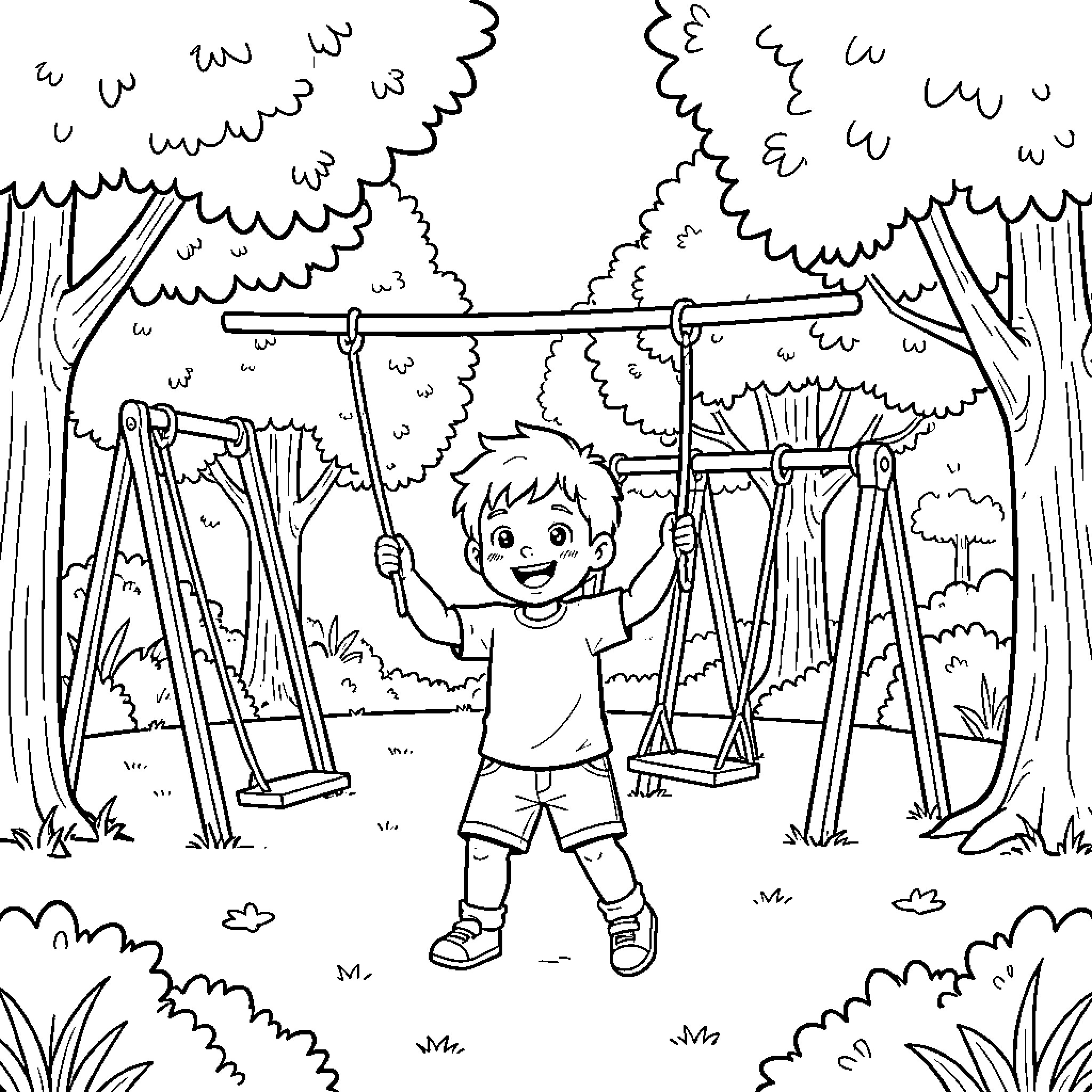Child playing on swings in the forest Coloring Page (free black-and-white line drawing printable PDF for all, from beginners to advanced learners, including children, teens, adults, and seniors)