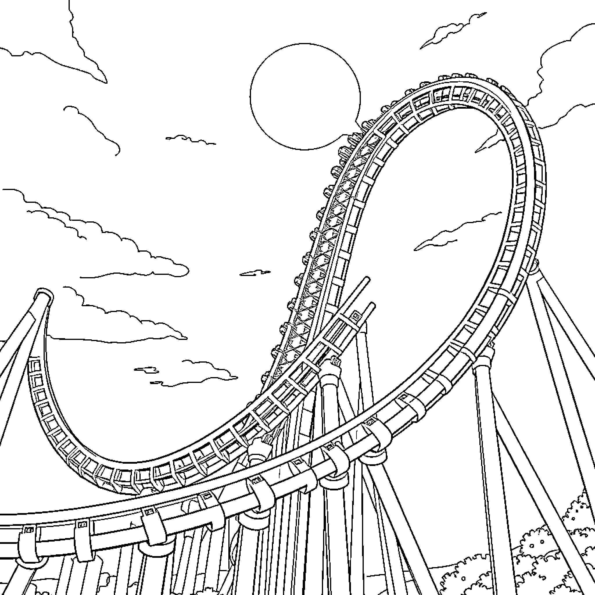 Rollercoaster looping through the sky Coloring Page (free black-and-white line drawing printable PDF for all, from beginners to advanced learners, including children, teens, adults, and seniors)