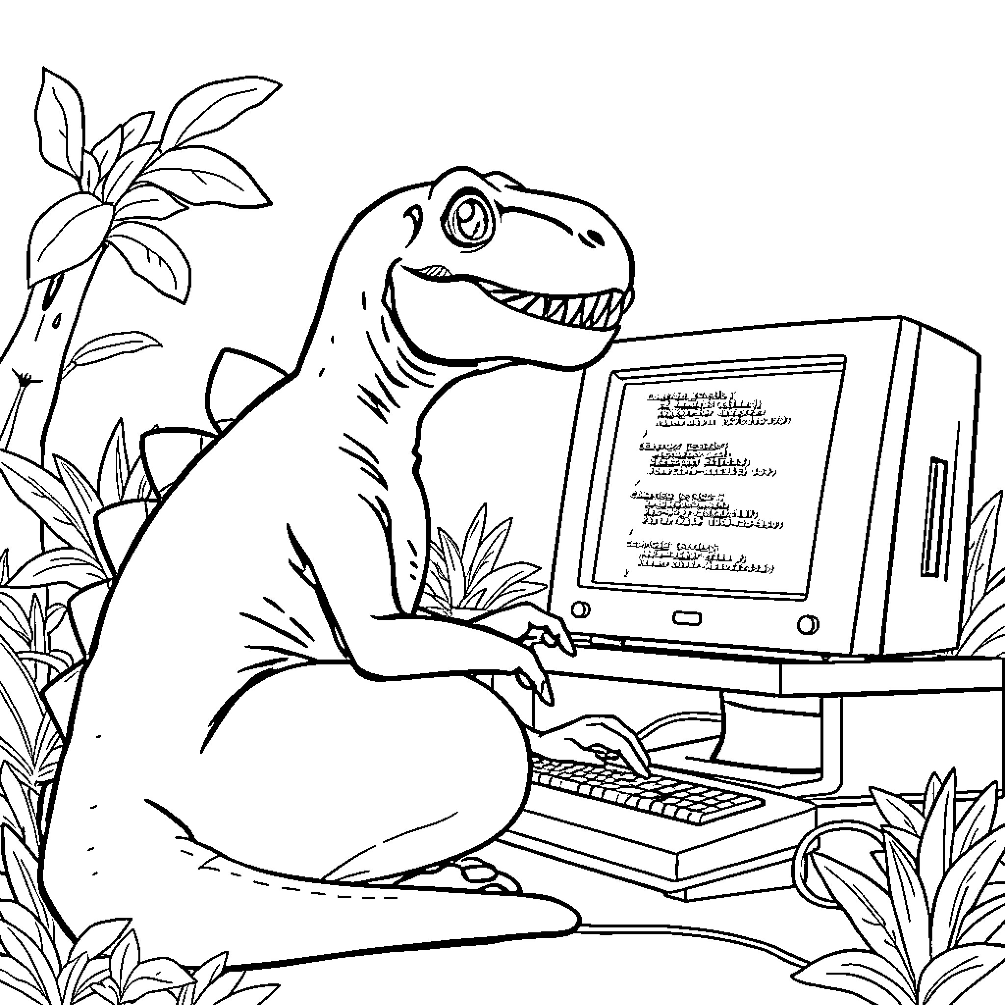 Dinosaur working at a computer in a jungle setting Coloring Page (free black-and-white line drawing printable PDF for all, from beginners to advanced learners, including children, teens, adults, and seniors)