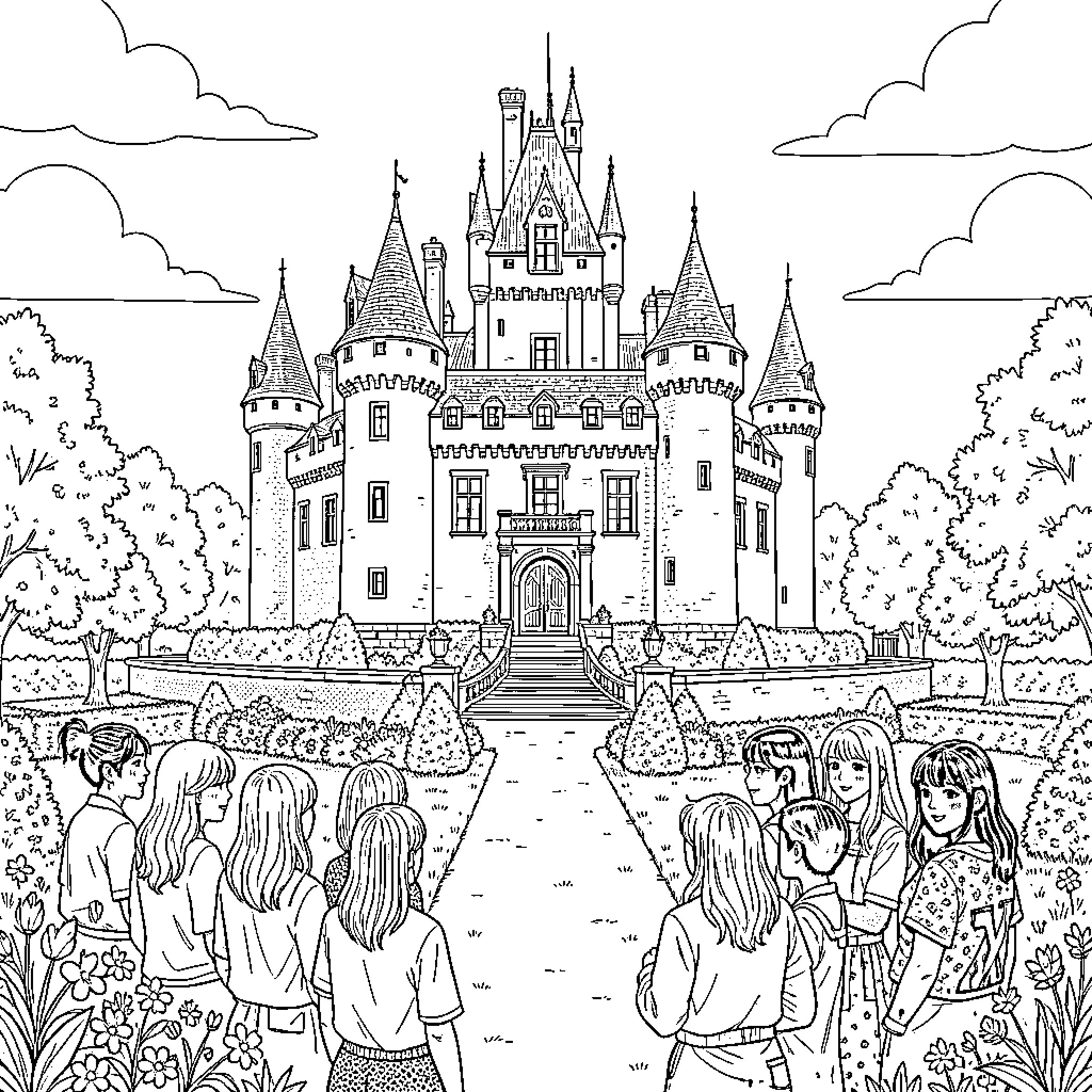 K Pop idols admiring a majestic fantasy castle Coloring Page (free black-and-white line drawing printable PDF for all, from beginners to advanced learners, including children, teens, adults, and seniors)