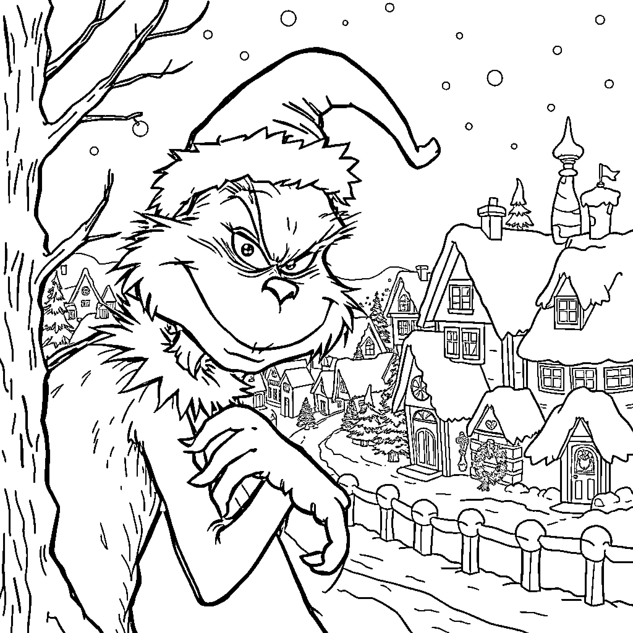 Grinch scheming in the snowy village Coloring Page (free black-and-white line drawing printable PDF for all, from beginners to advanced learners, including children, teens, adults, and seniors)