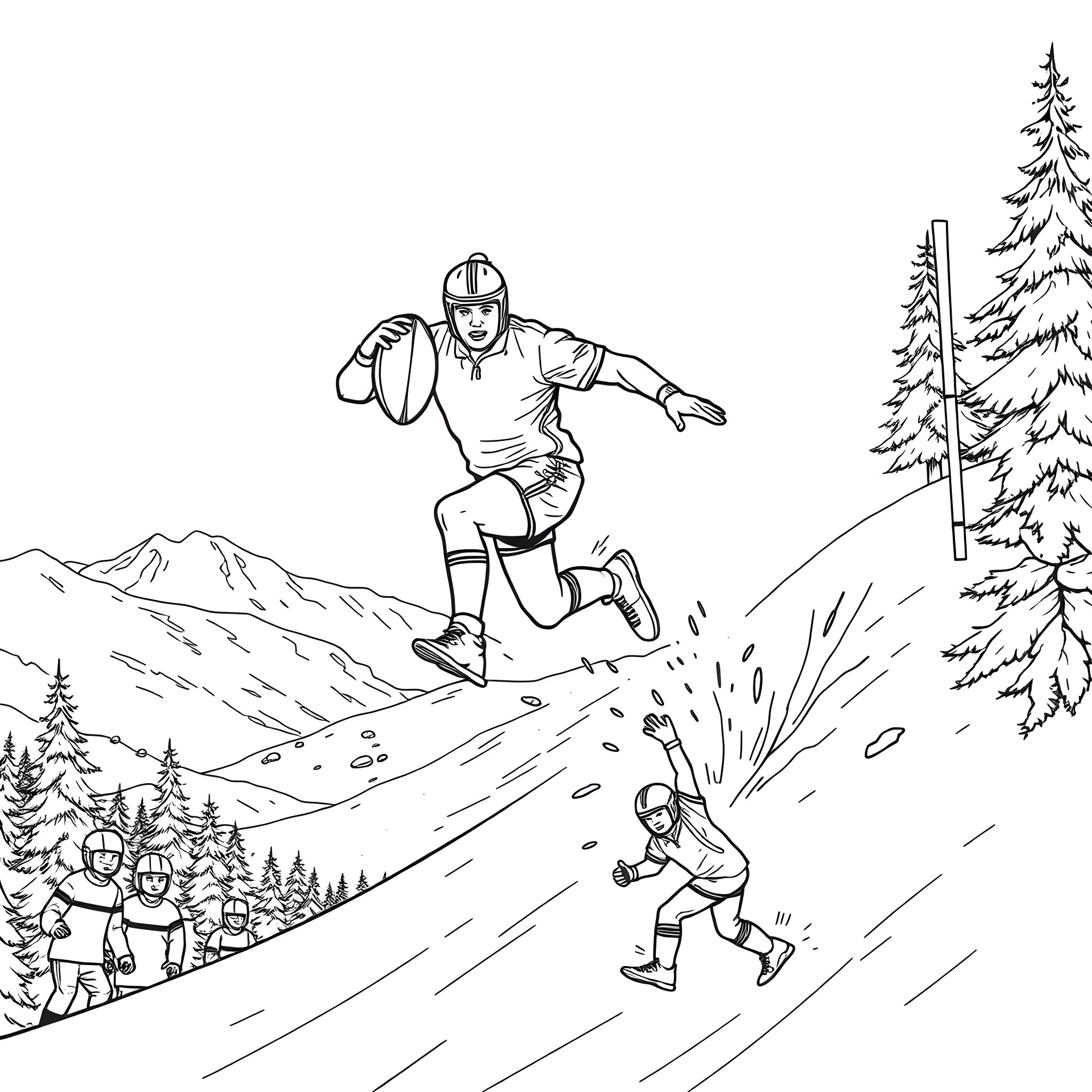 Rugby Player Charging Down the Mountain Trail Coloring Page (free black-and-white line drawing printable PDF for all, from beginners to advanced learners, including children, teens, adults, and seniors)