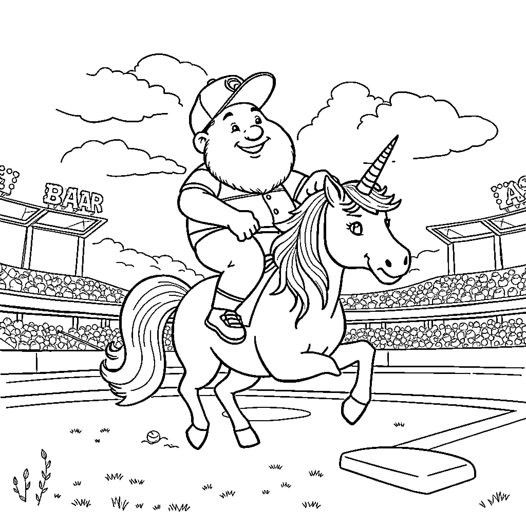 Dumper rides unicorn in carnival arena Coloring Page (free black-and-white line drawing printable PDF for all, from beginners to advanced learners, including children, teens, adults, and seniors)
