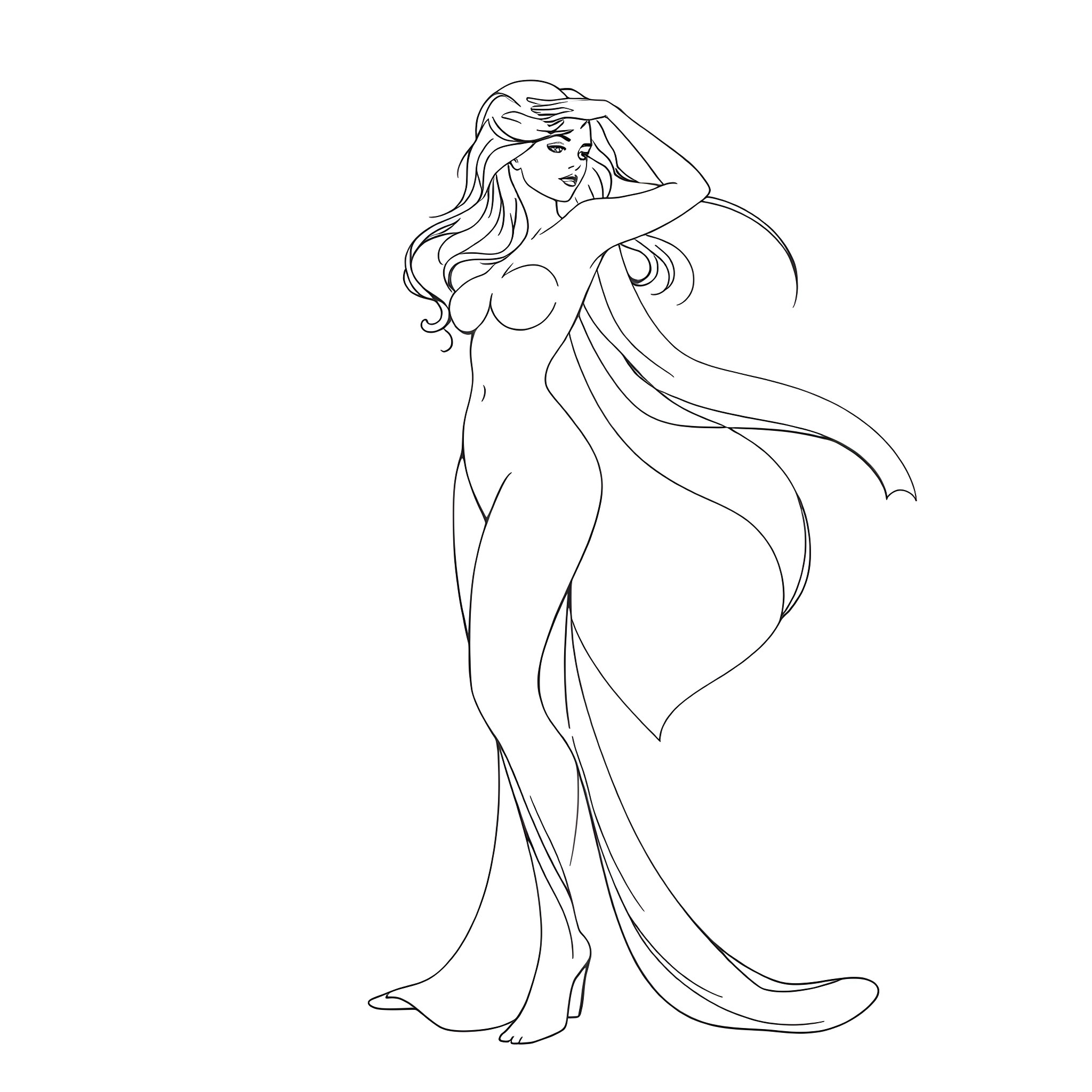 Woman in flowing dress striking a pose Coloring Page (free black-and-white line drawing printable PDF for all, from beginners to advanced learners, including children, teens, adults, and seniors)