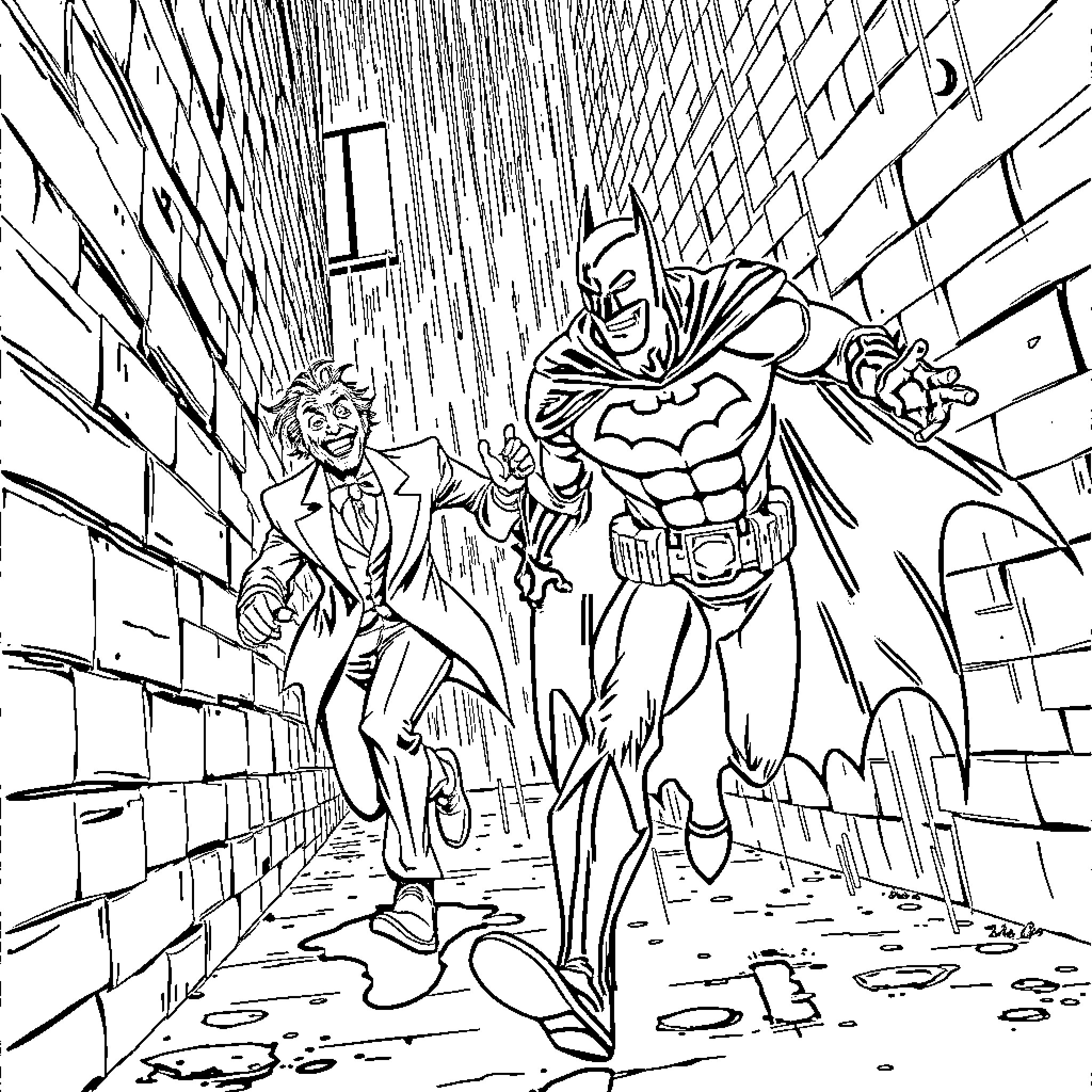 Batman chasing the Joker through a dark alley Coloring Page (free black-and-white line drawing printable PDF for all, from beginners to advanced learners, including children, teens, adults, and seniors)