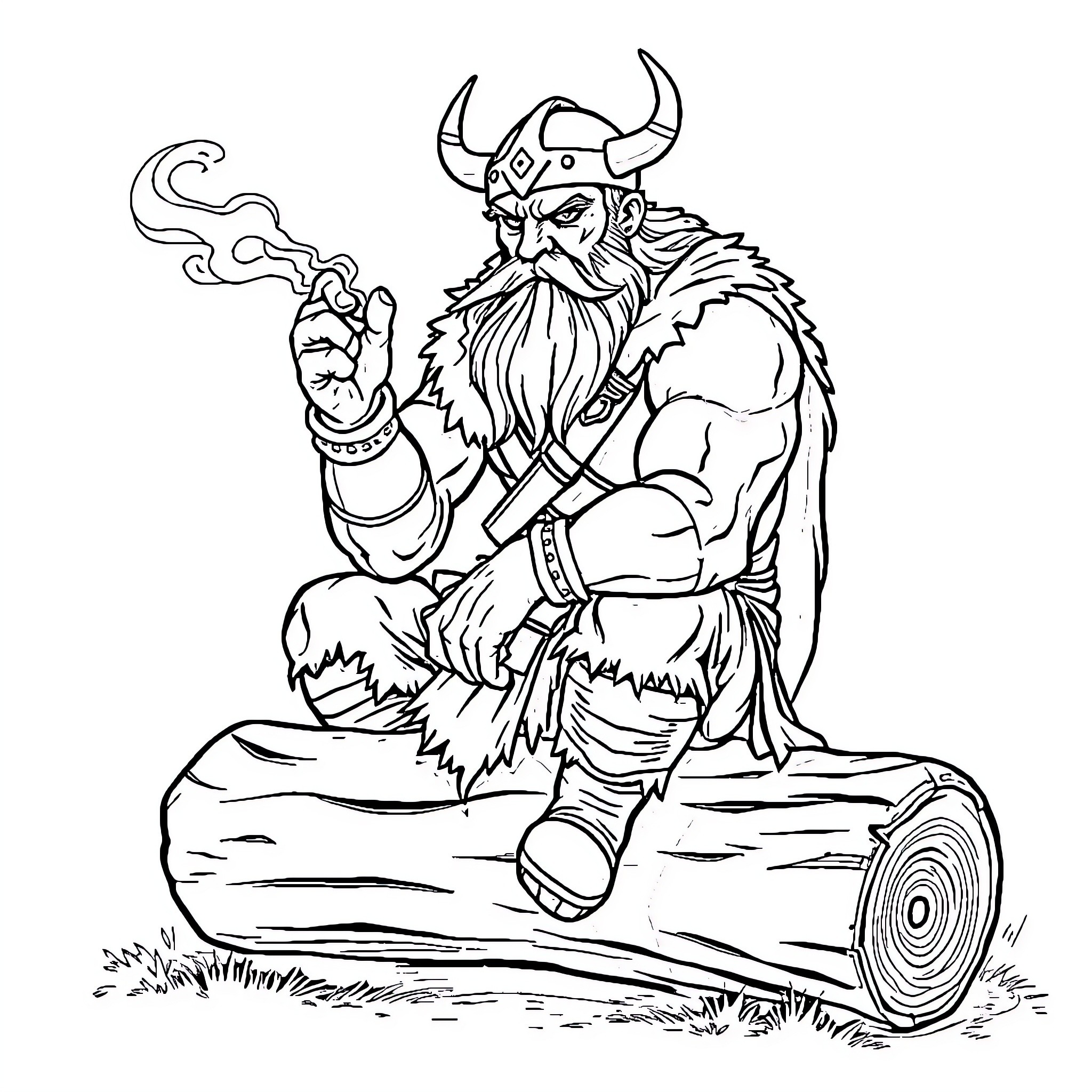 Viking warrior resting on log with pipe Coloring Page (free black-and-white line drawing printable PDF for all, from beginners to advanced learners, including children, teens, adults, and seniors)