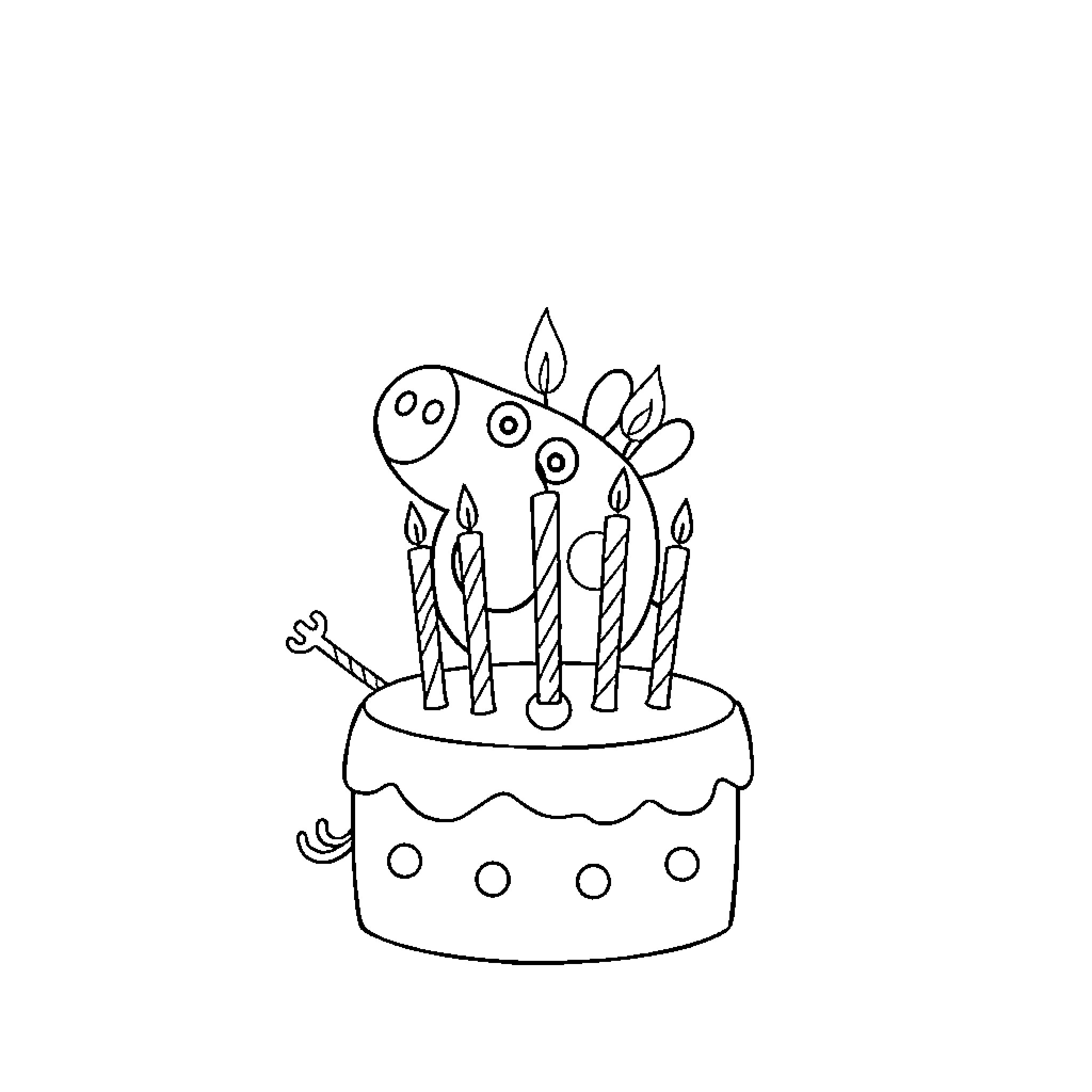 Peppa Pig's Birthday Cake with Candles Coloring Page (free black-and-white line drawing printable PDF for all, from beginners to advanced learners, including children, teens, adults, and seniors)