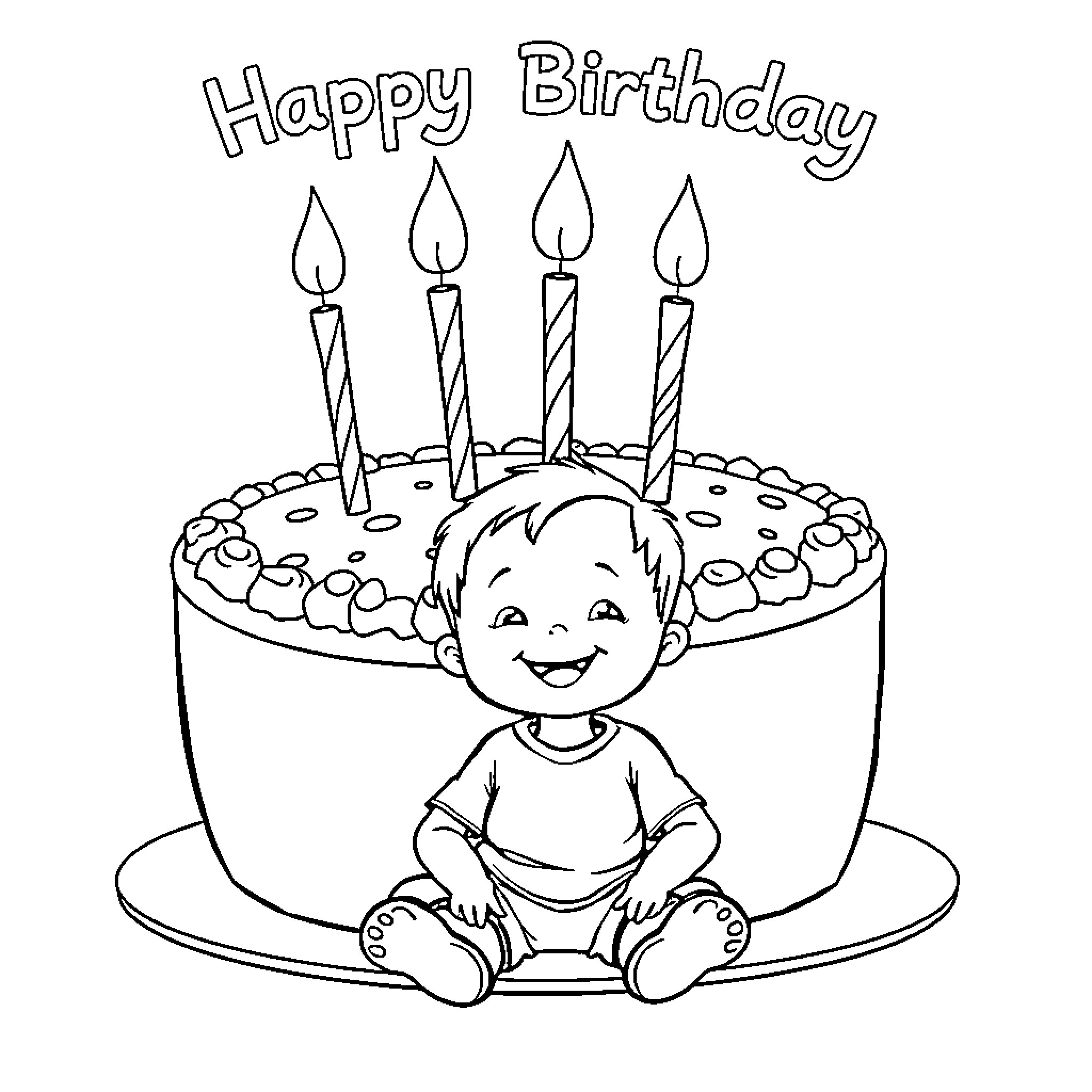 Boy sitting in front of birthday cake with candles Coloring Page (free black-and-white line drawing printable PDF for all, from beginners to advanced learners, including children, teens, adults, and seniors)