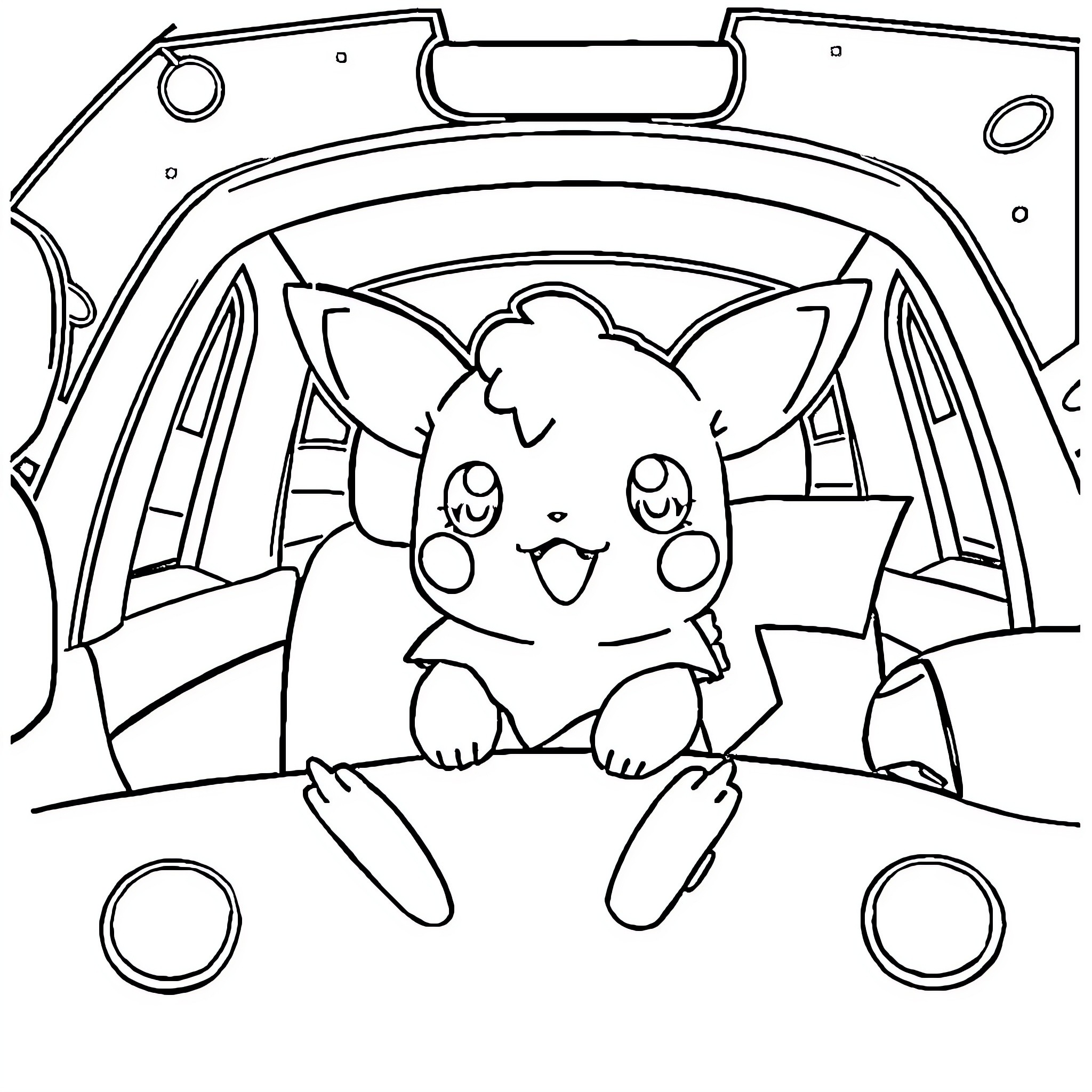 Pokémon character in a car Coloring Page (free black-and-white line drawing printable PDF for all, from beginners to advanced learners, including children, teens, adults, and seniors)