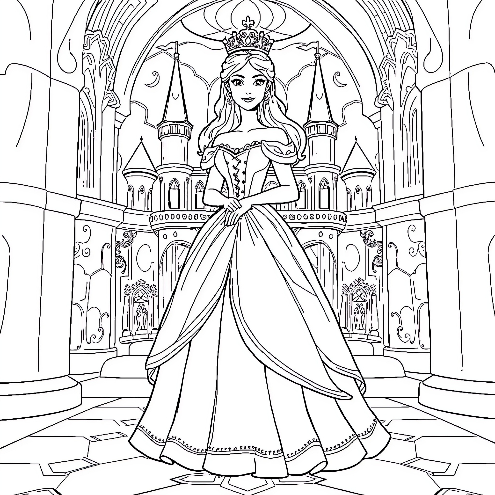 Princess in a grand royal palace Coloring Page (free black-and-white line drawing printable PDF for all, from beginners to advanced learners, including children, teens, adults, and seniors)